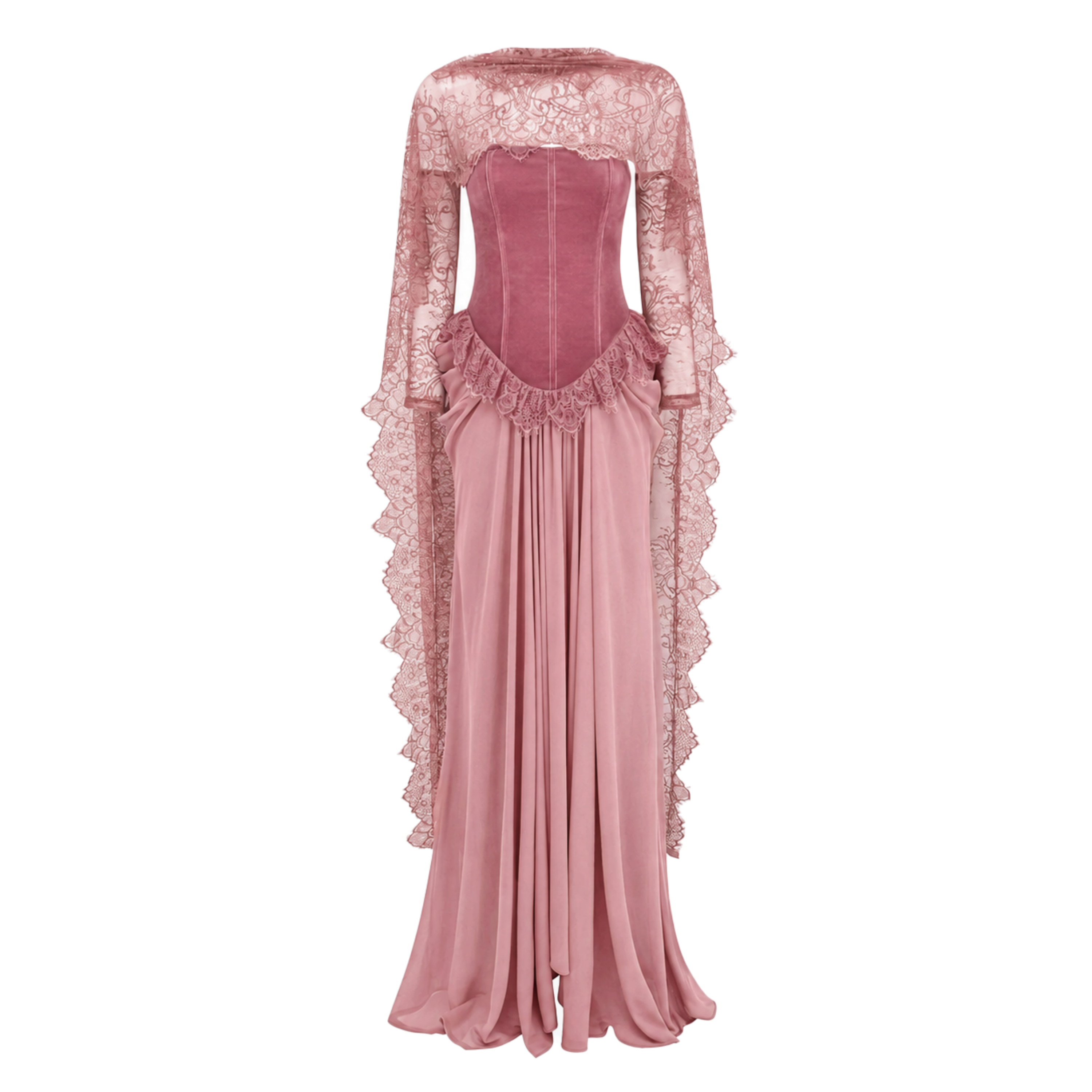 Seraphina Pink Floral Lace Maxi Dress with Cape
