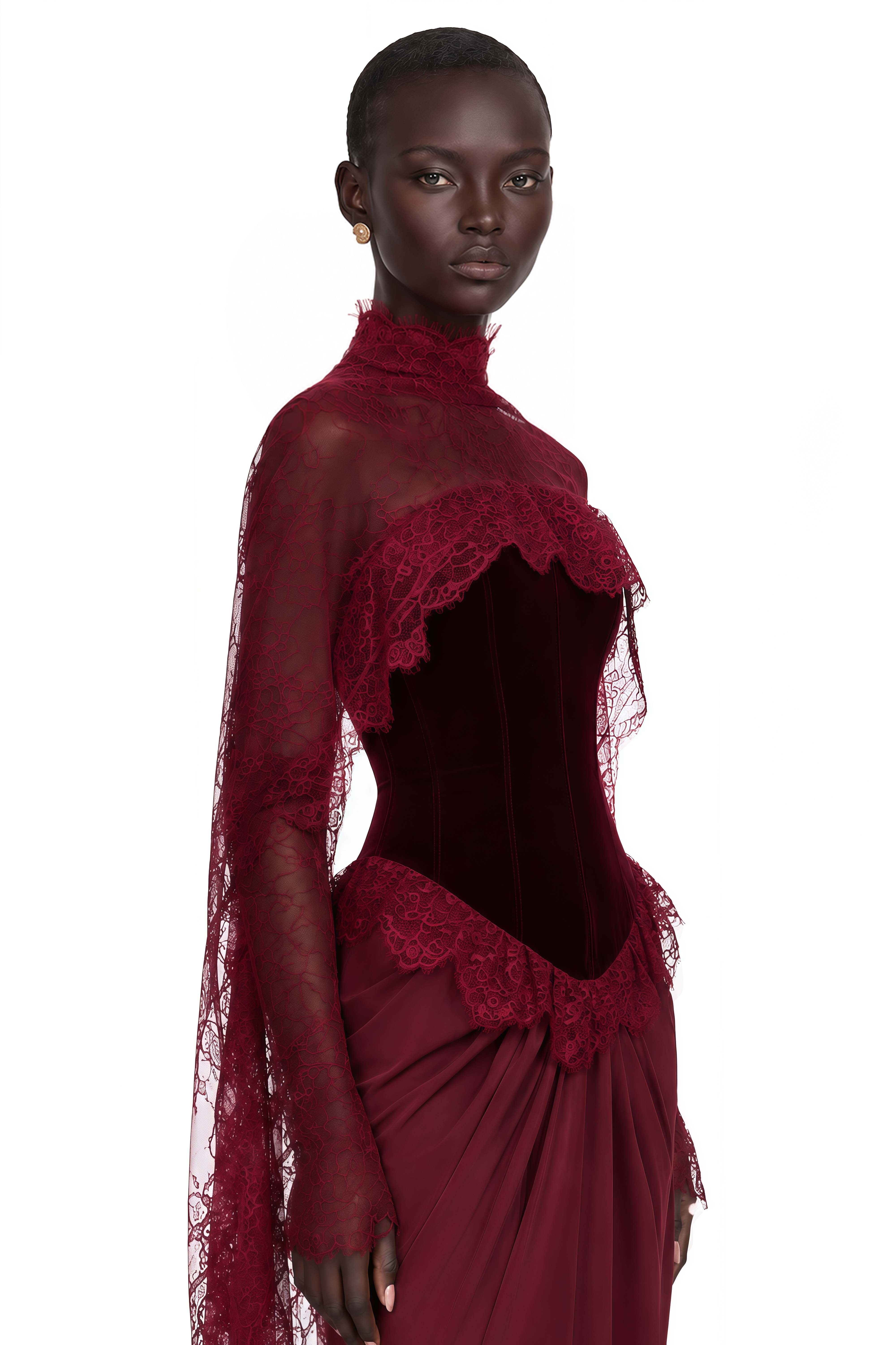 Seraphina Red Floral Lace Maxi Dress with Cape