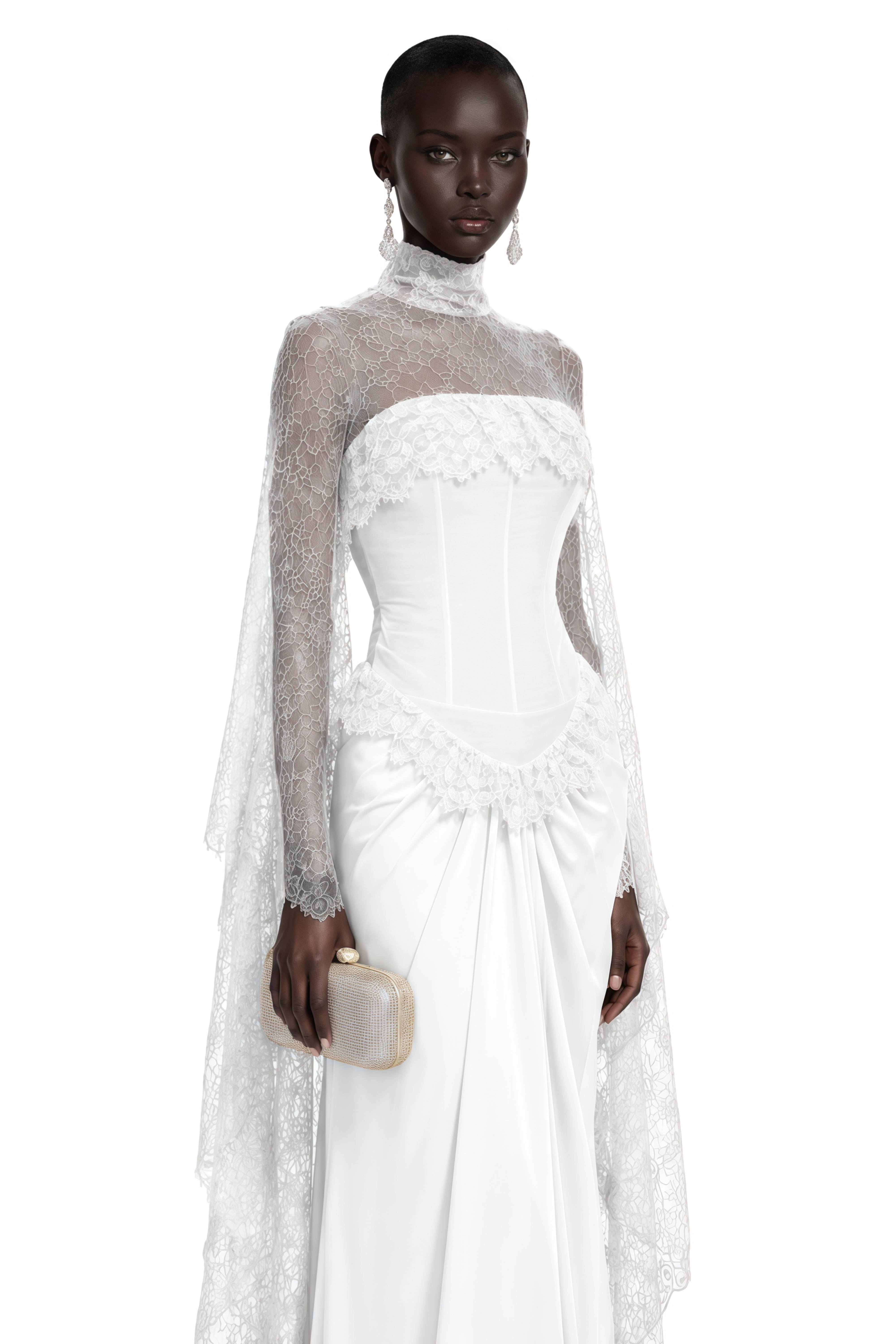 Seraphina White Floral Lace Maxi Dress with Cape