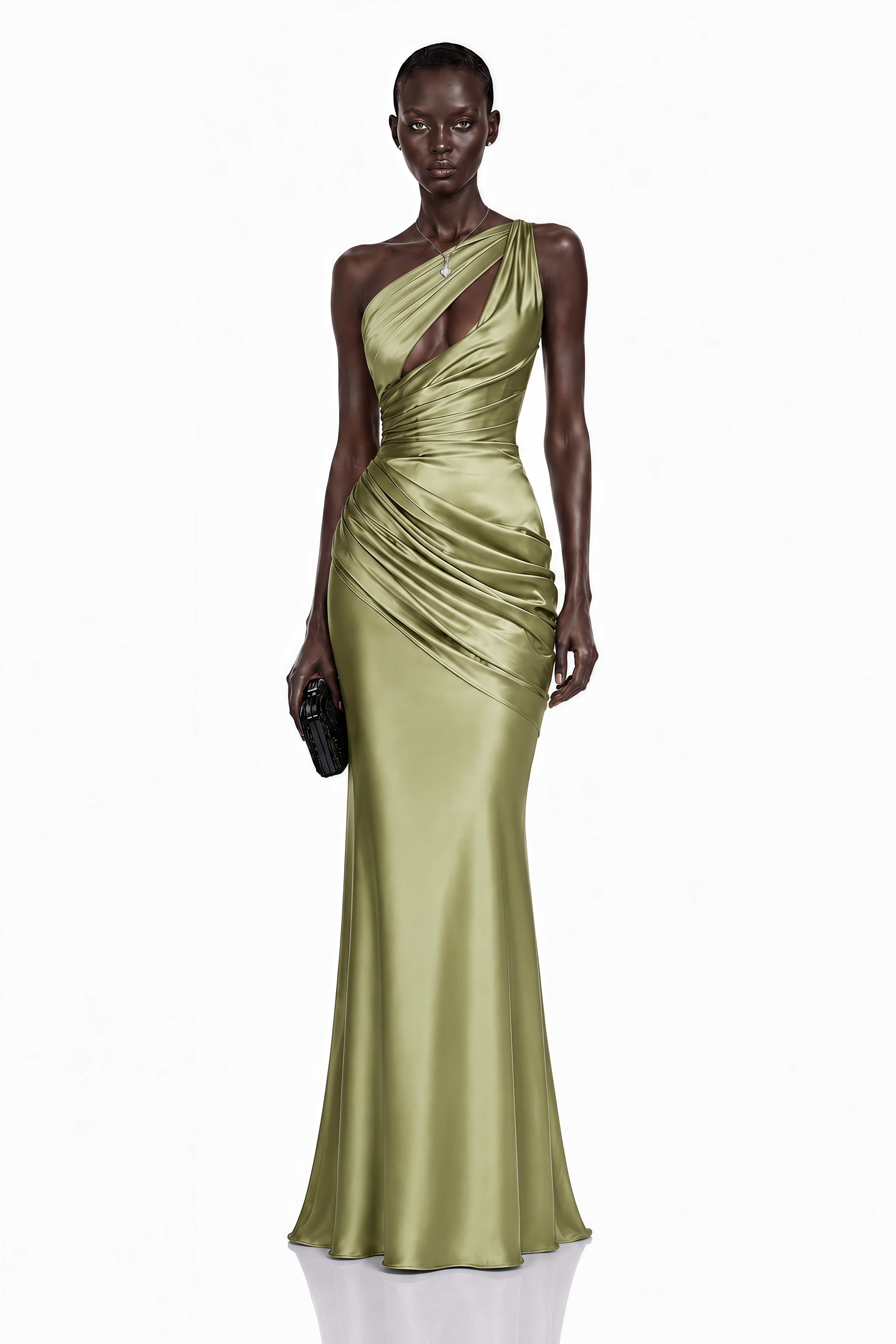 Sage green satin one-shoulder maxi dress with a cutout bodice and draped details