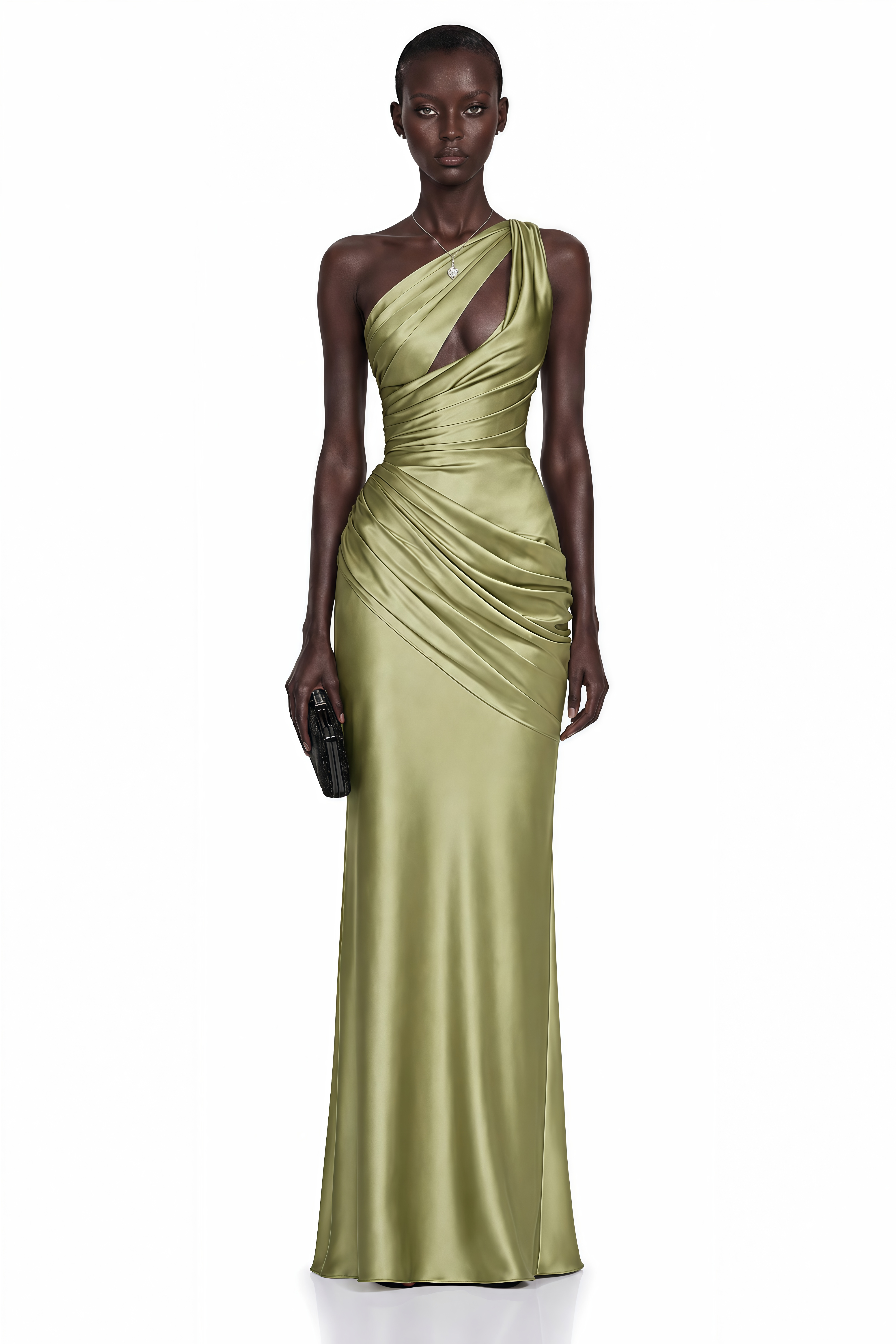Sage green satin one-shoulder maxi dress with a cutout bodice and draped details