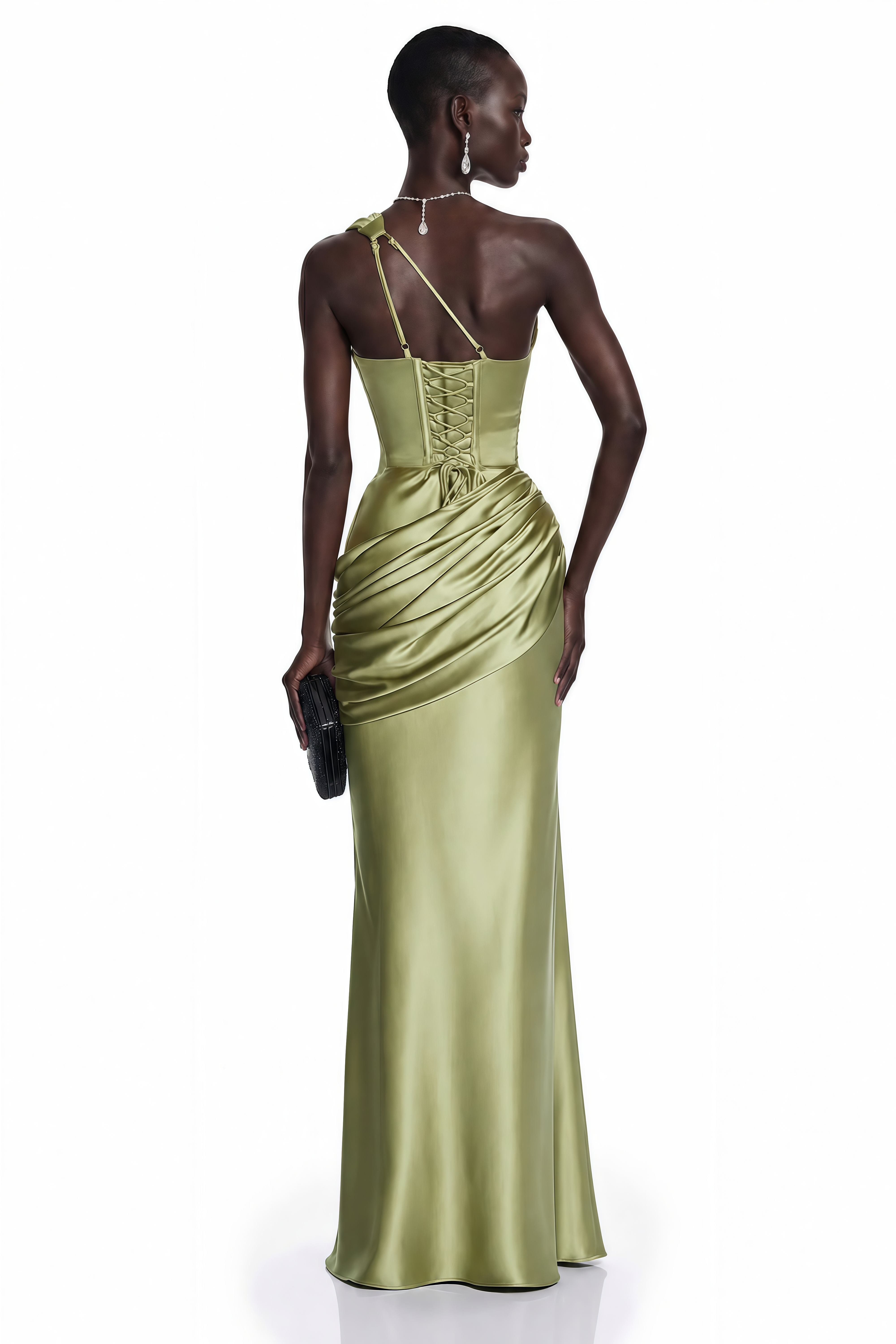 Sage green satin one-shoulder maxi dress with a cutout bodice and draped details