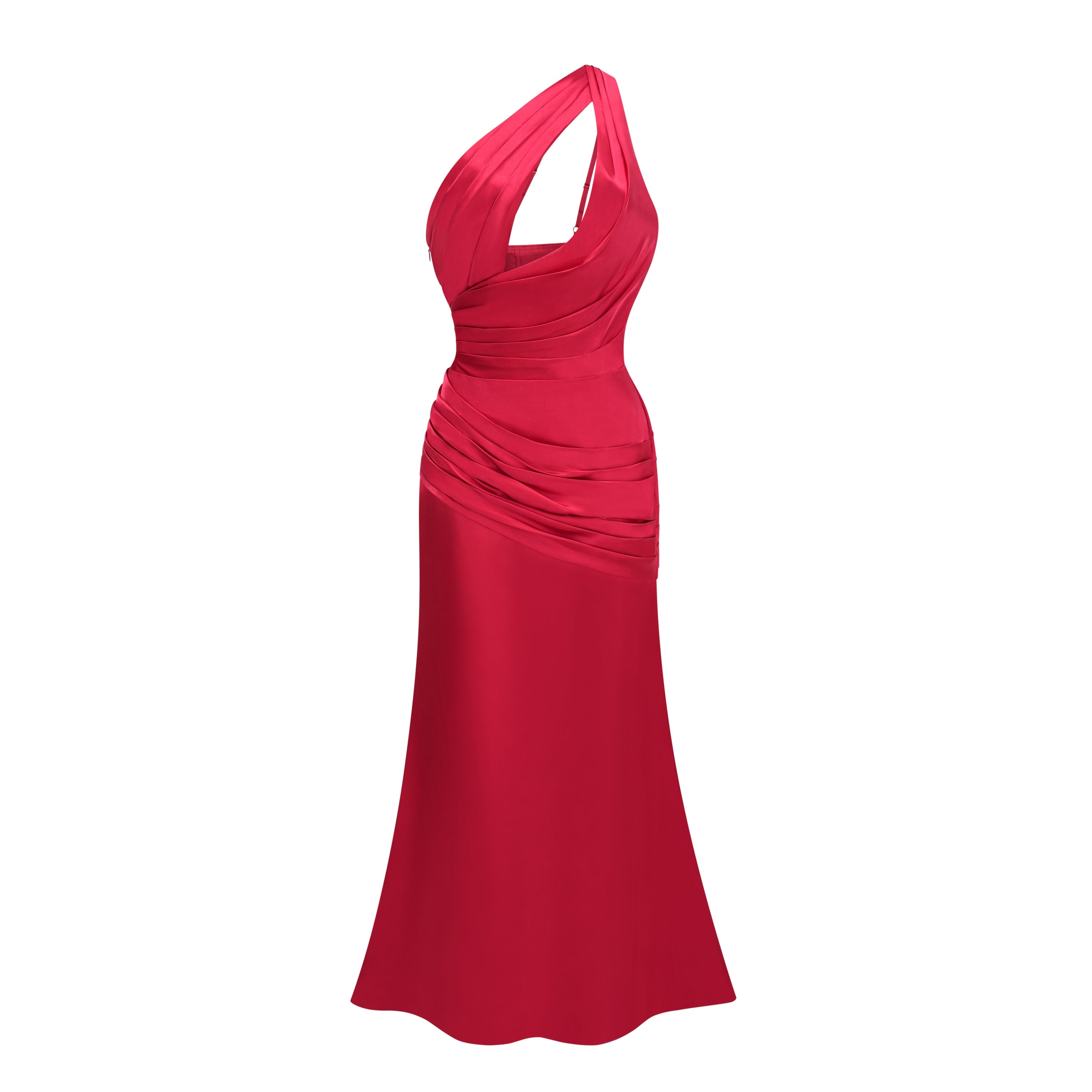 Red one-shoulder satin gown with chest cutout and draped waist
