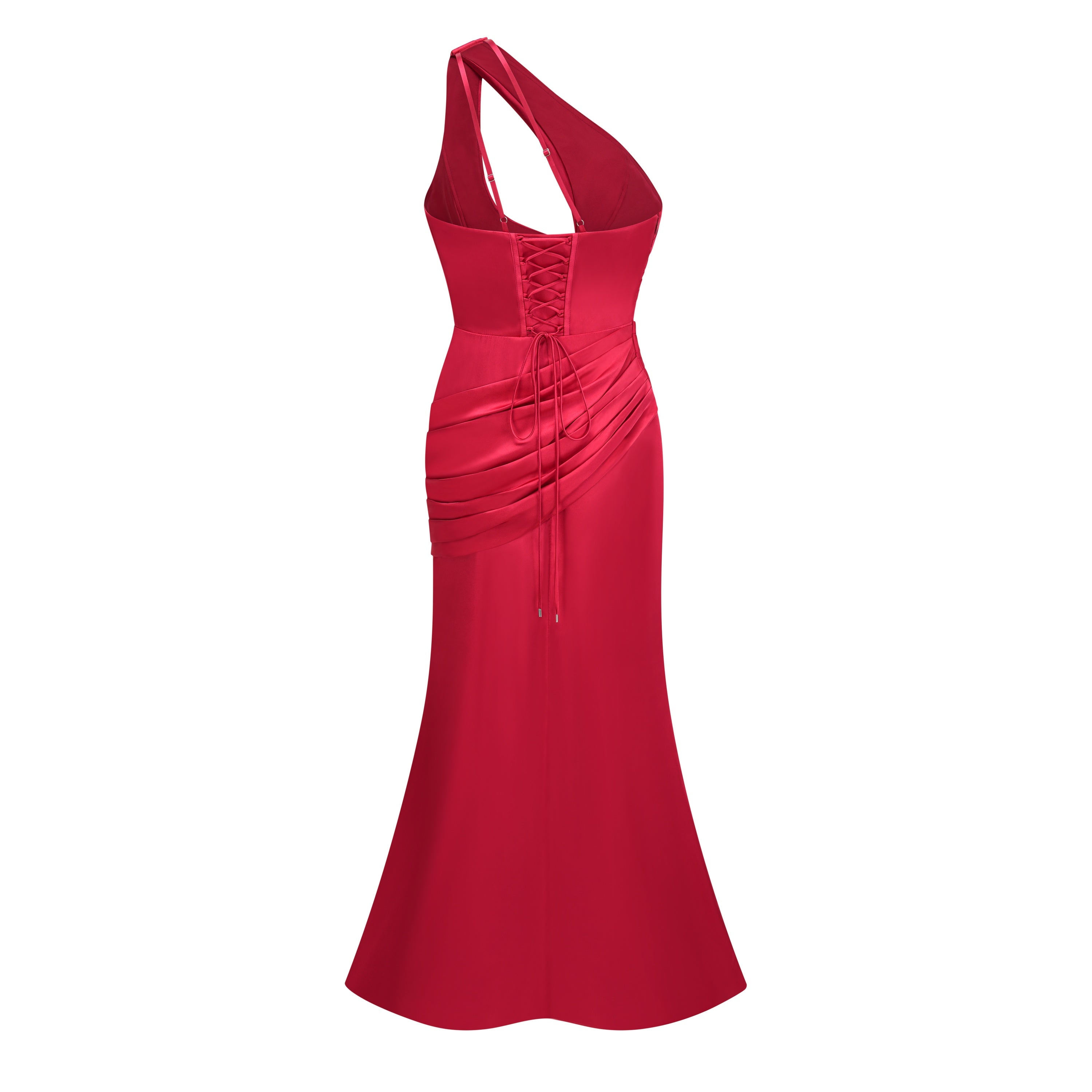 Red one-shoulder satin gown with chest cutout and draped waist