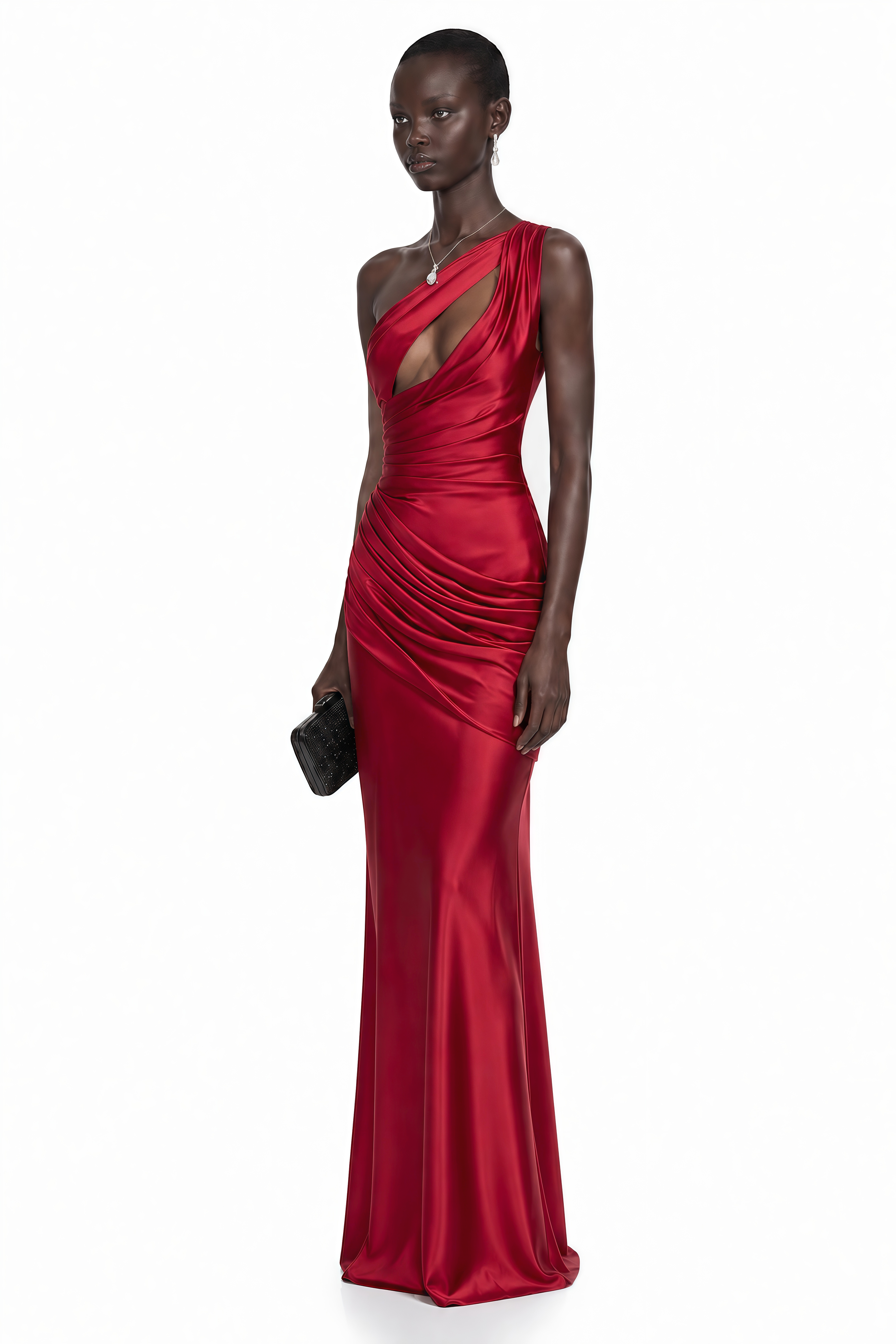 Red one-shoulder satin gown with chest cutout and draped waist