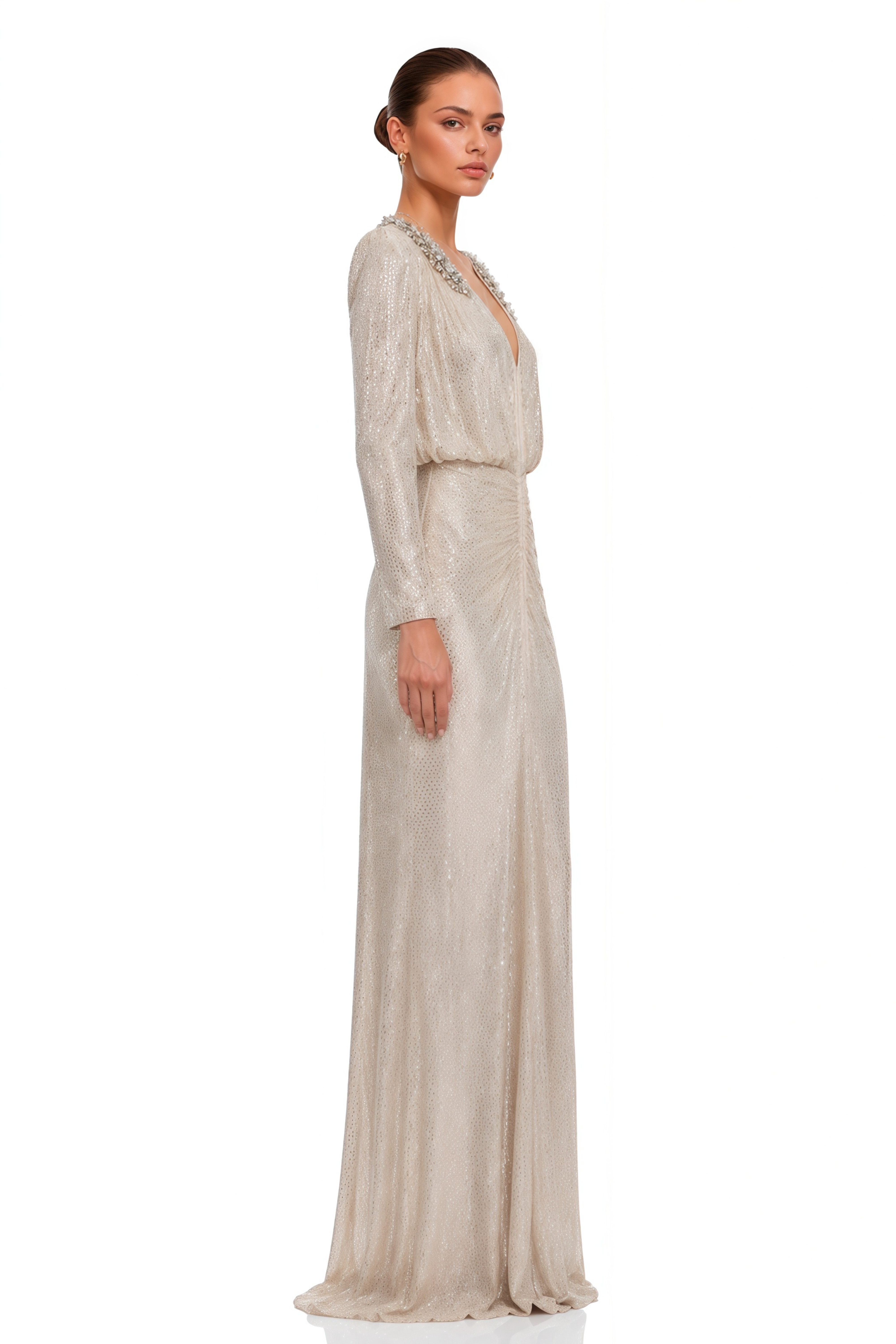 Seraphina Silver Sequin V-Neck Long Sleeves Maxi Dress