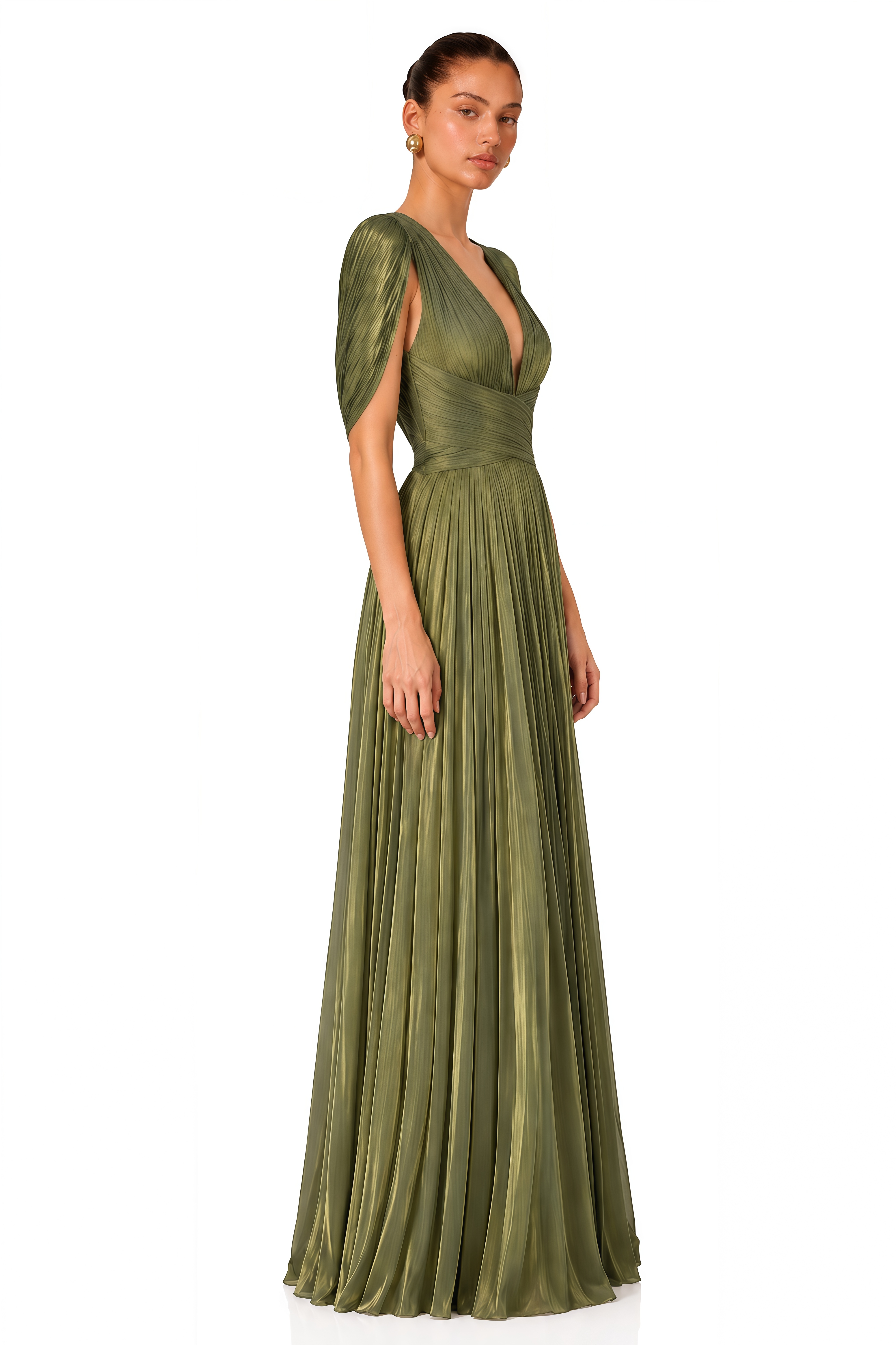 Seraphine Green Pleated Plunge Maxi Dress with Cowl Back