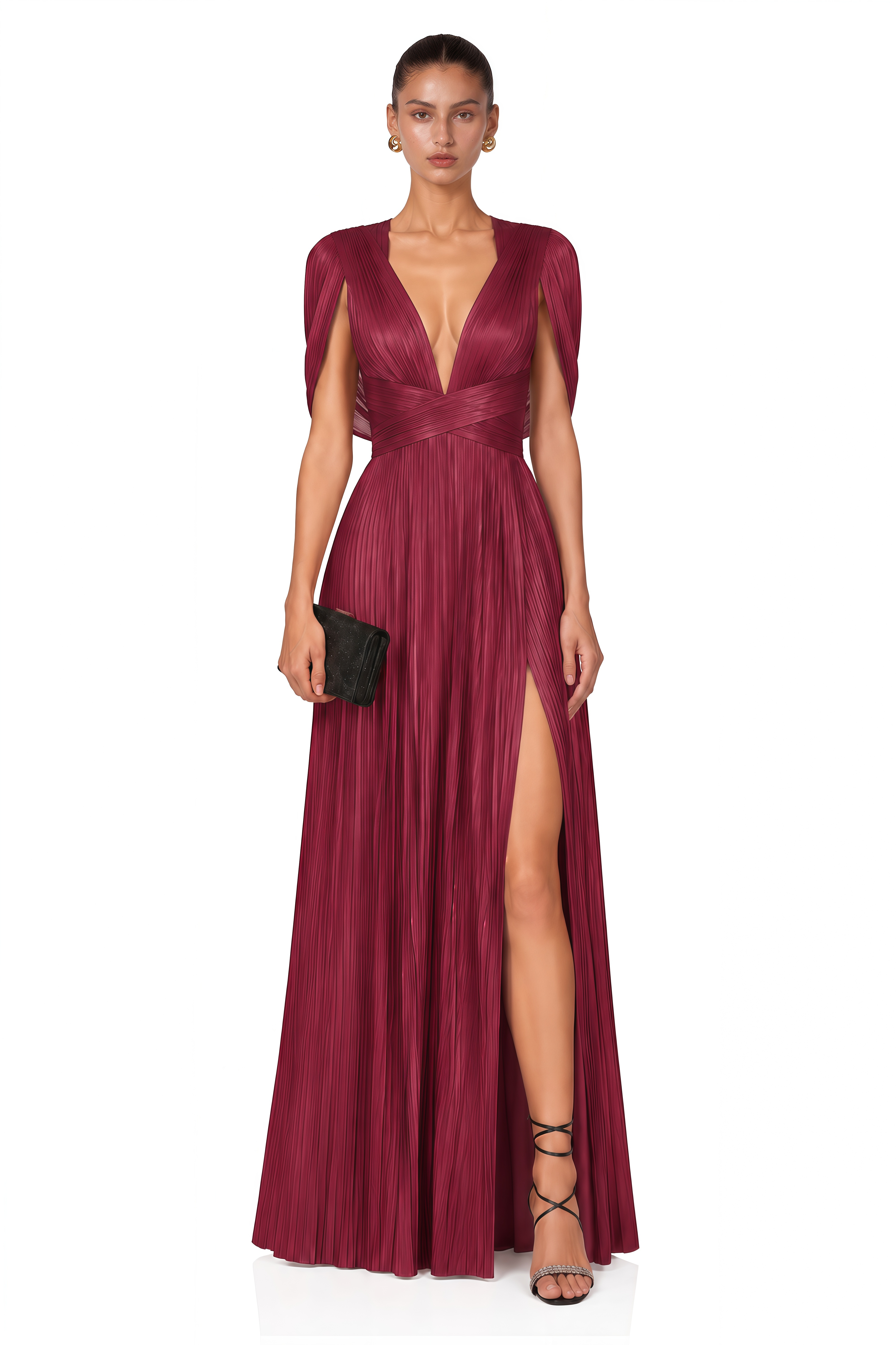 Seraphine Red Pleated Plunge Maxi Dress with Cowl Back