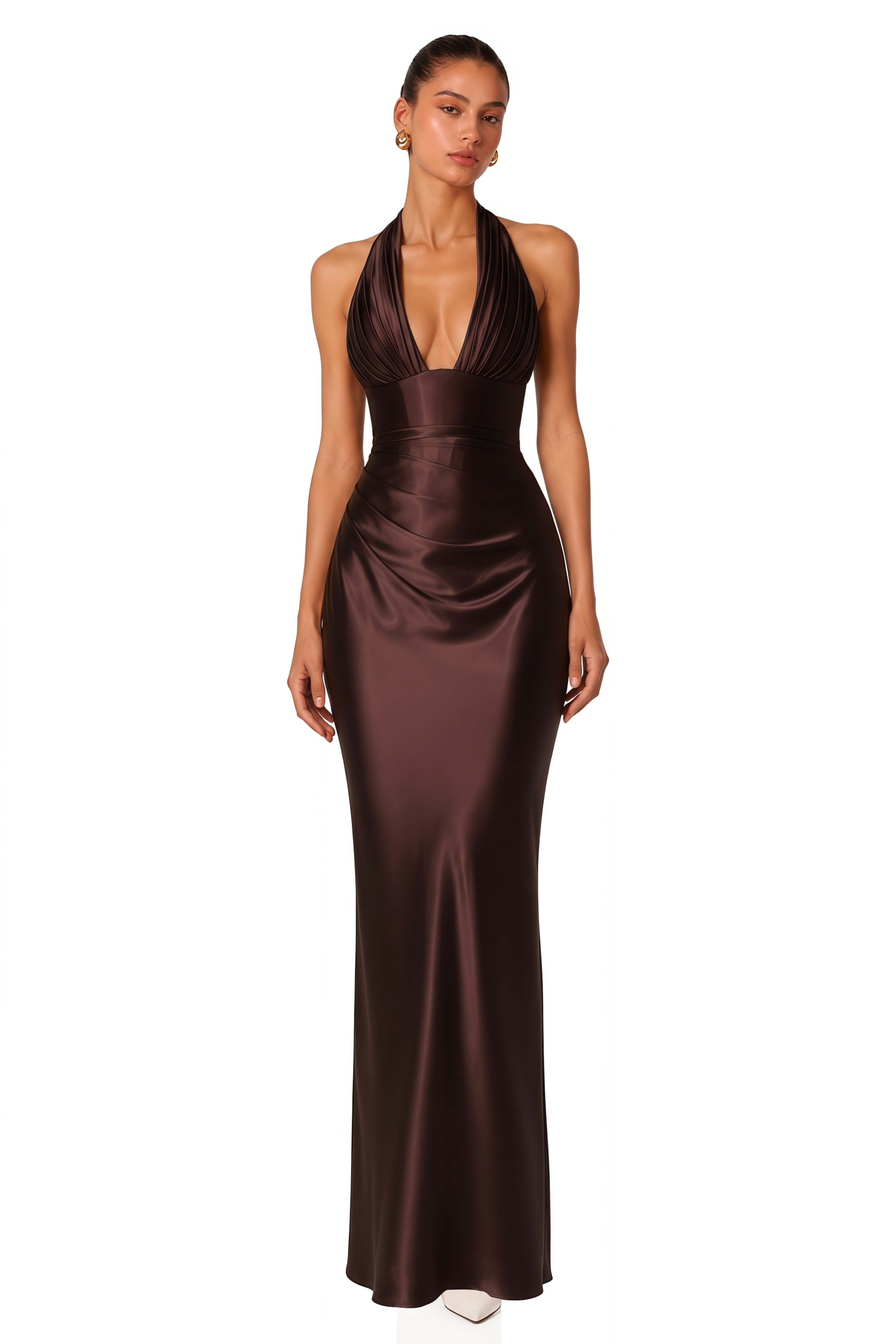 Serenity Brown Halterneck Satin Maxi Dress