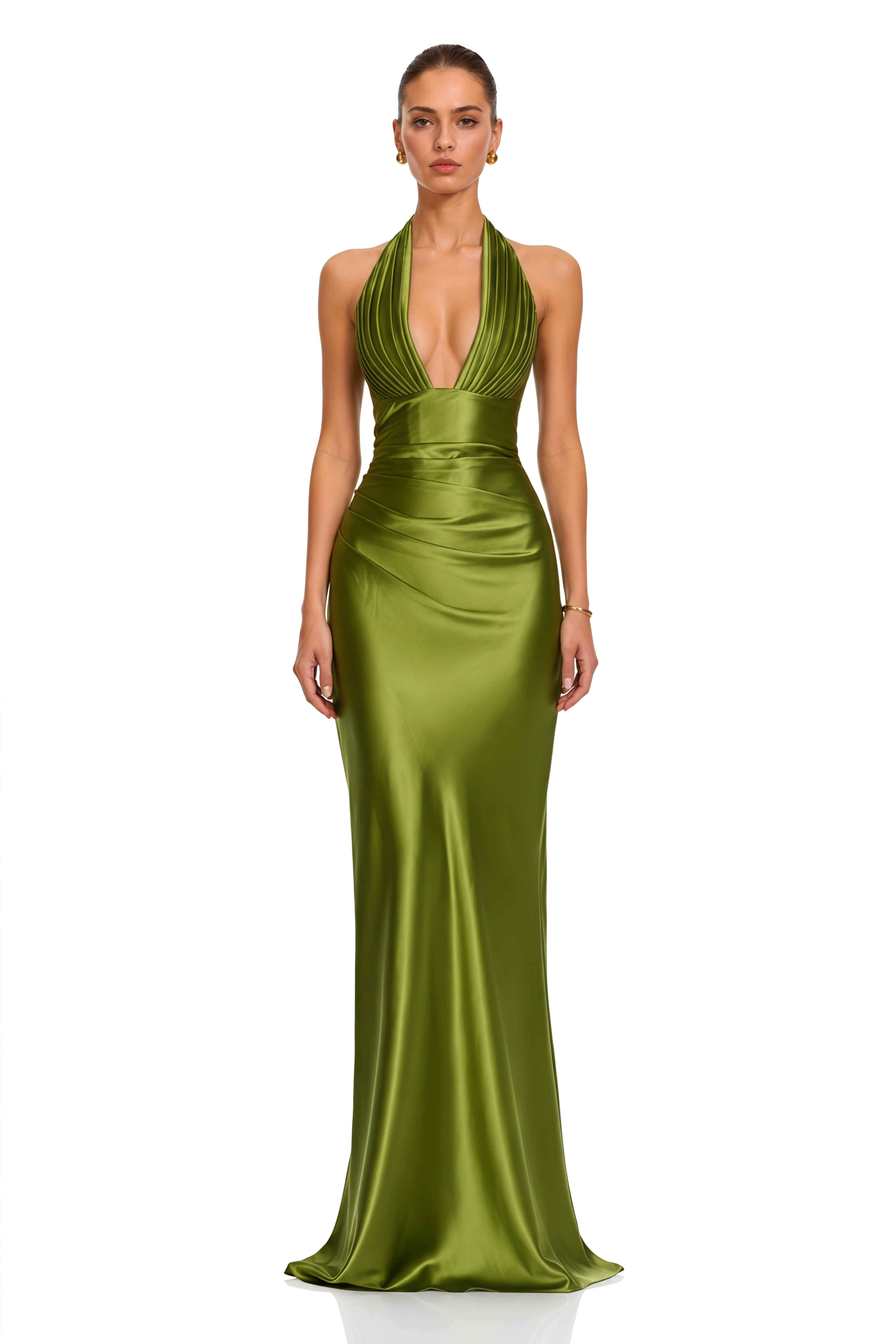 Serenity Olive Green Halterneck Satin Maxi Dress