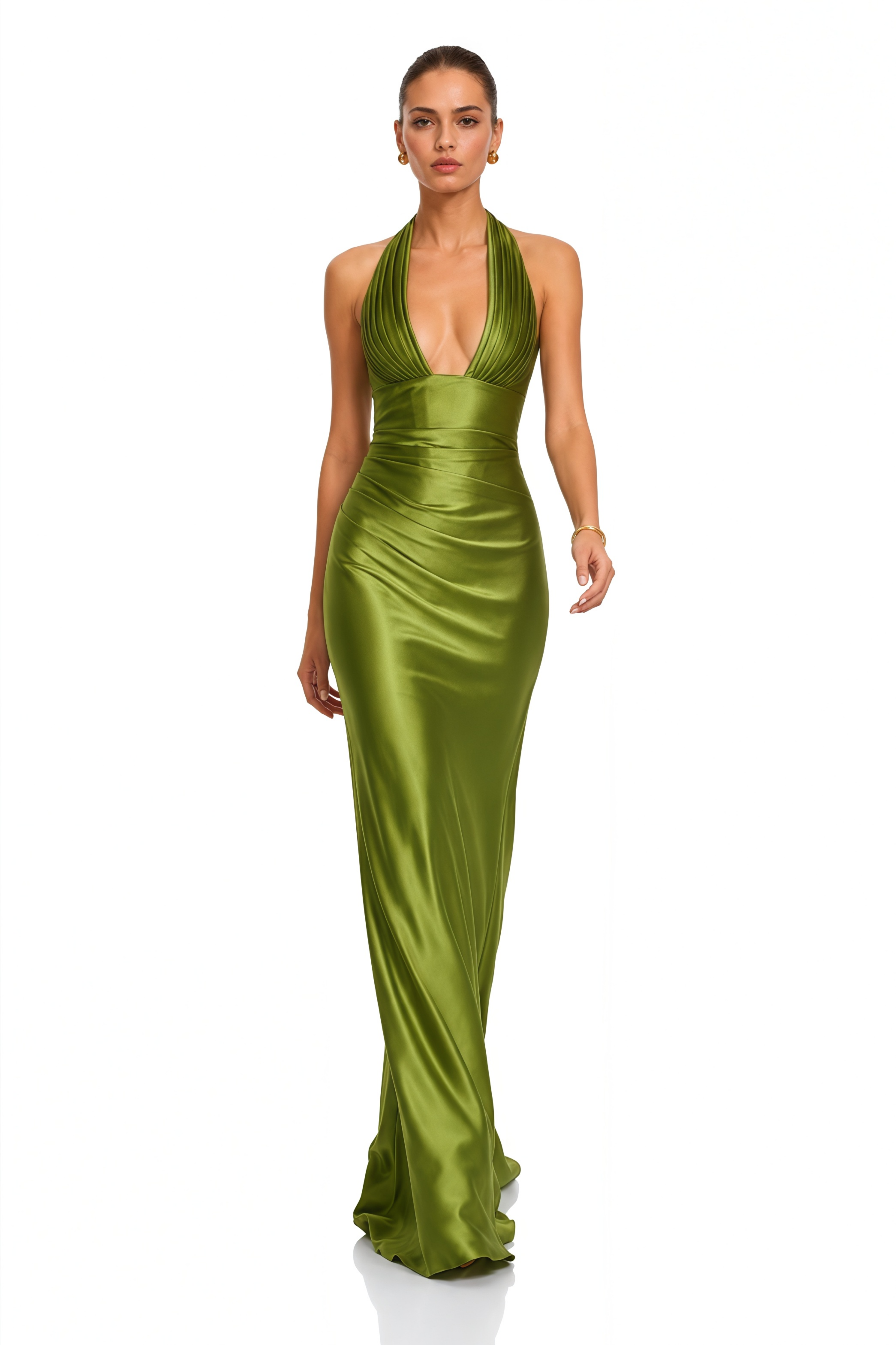 Serenity Olive Green Halterneck Satin Maxi Dress