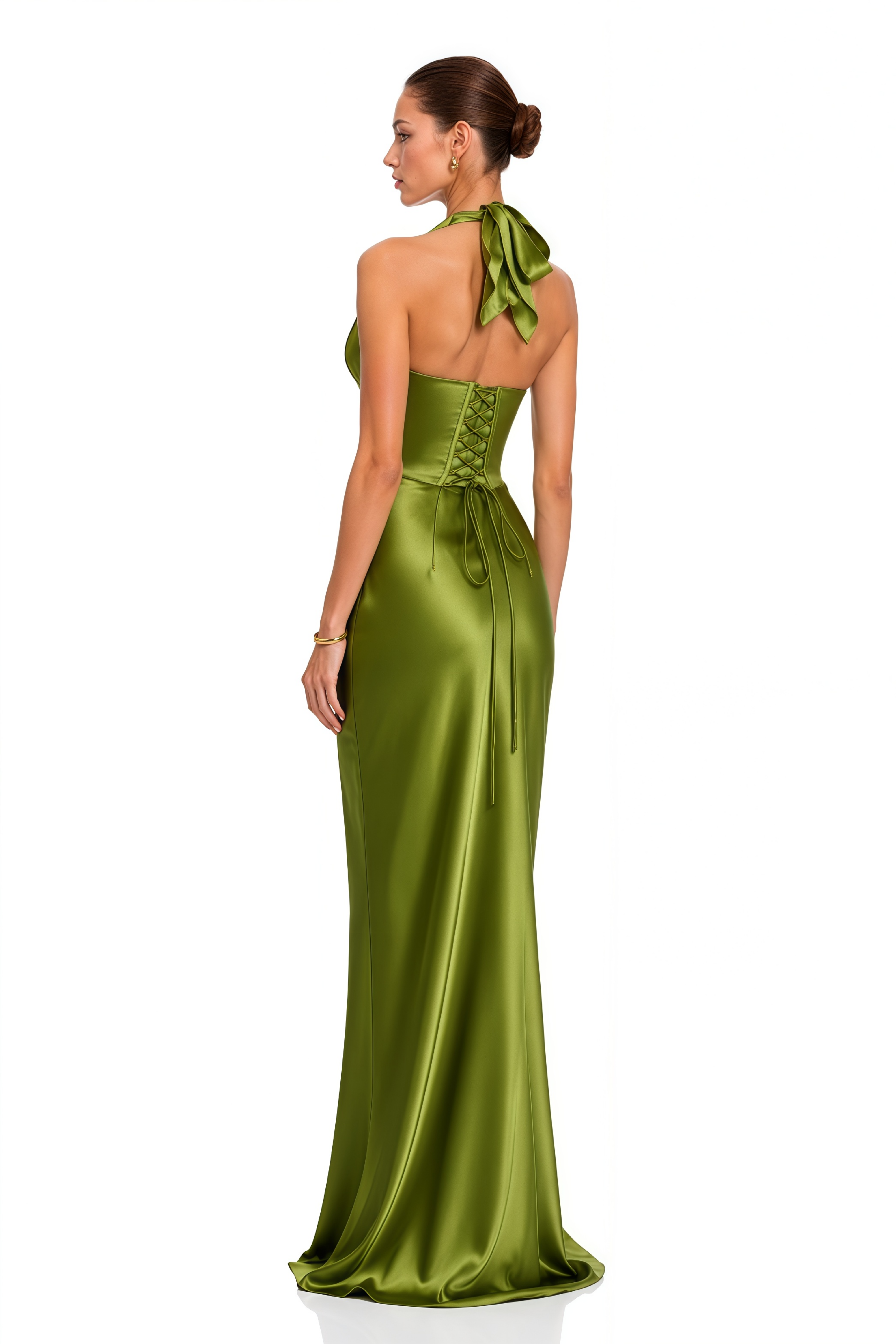Serenity Olive Green Halterneck Satin Maxi Dress