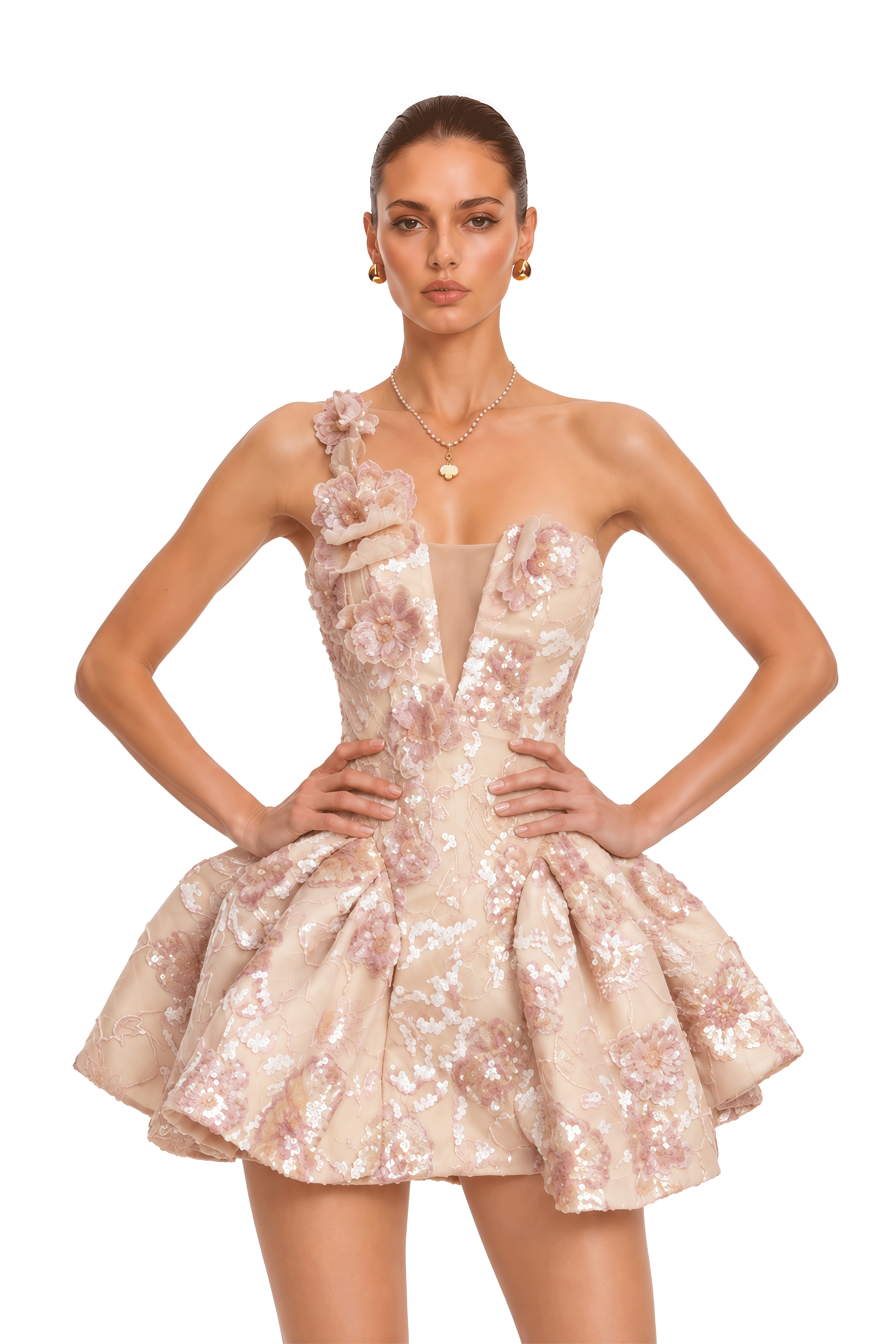 Shanice Neutral 3D Floral Sequin One-Shoulder Mini Dress