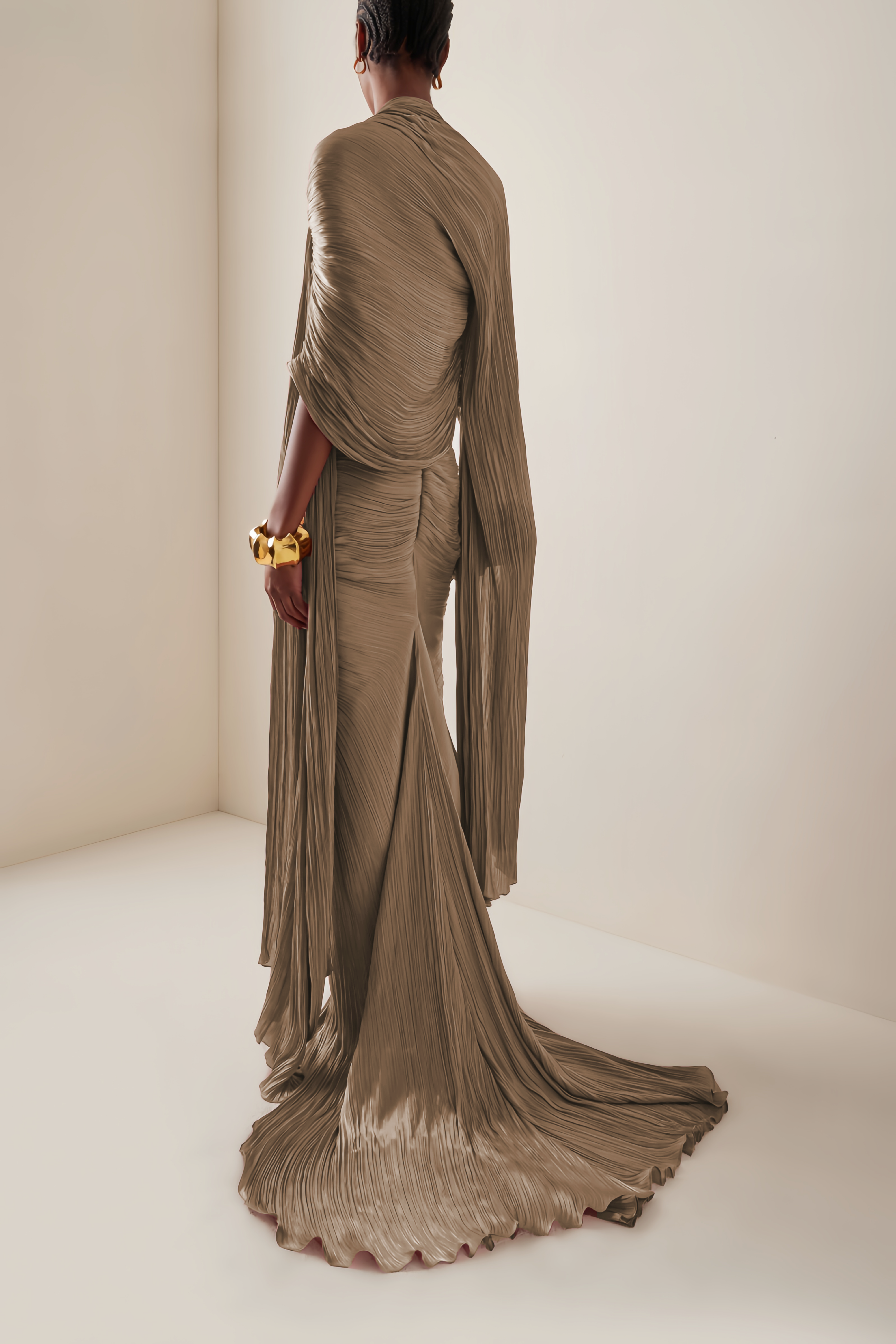 Taupe brown plissé pleated strapless maxi dress with a high front slit and a matching long cape scarf