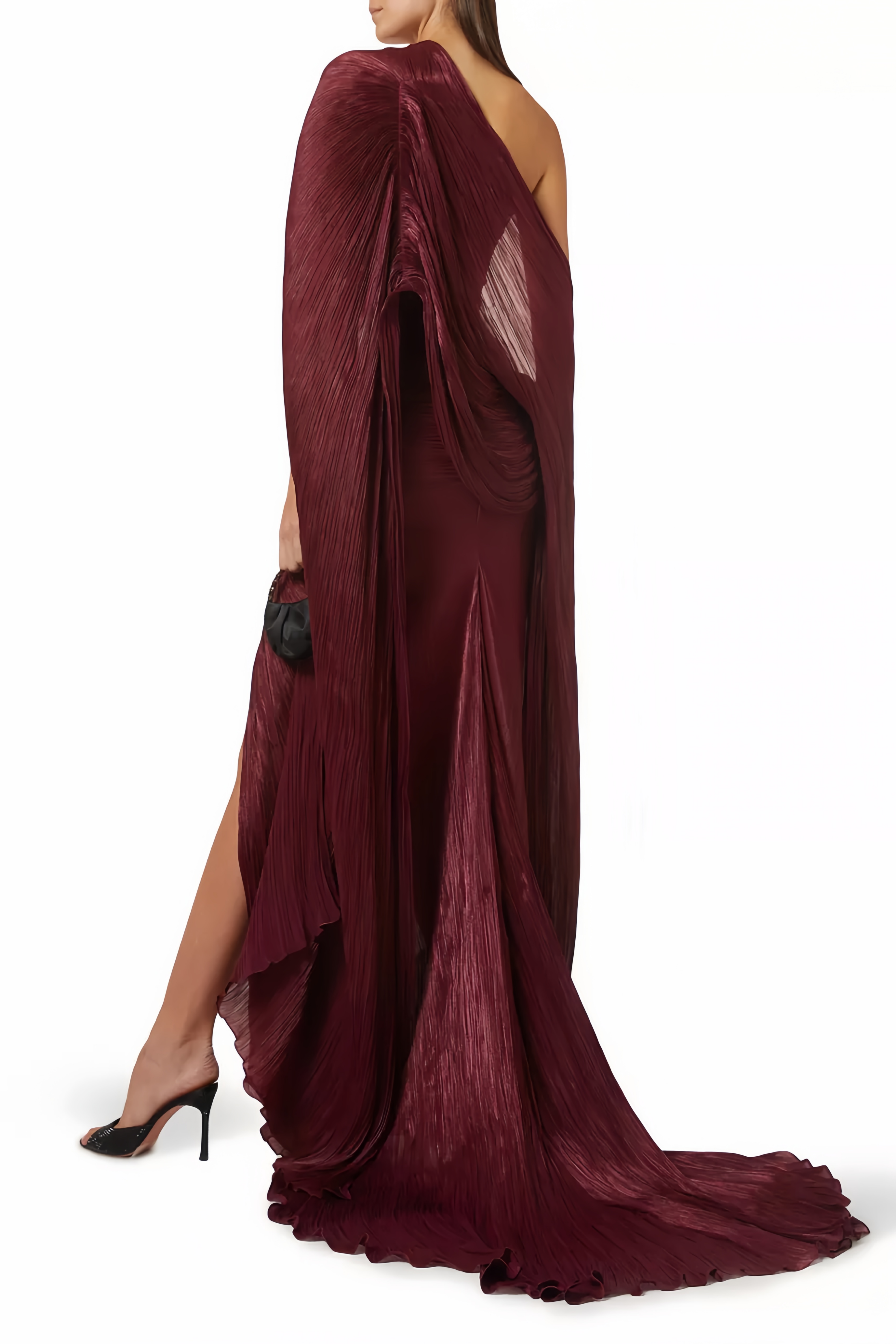 Burgundy Strapless Plissé Silk-Satin Gown & Cape