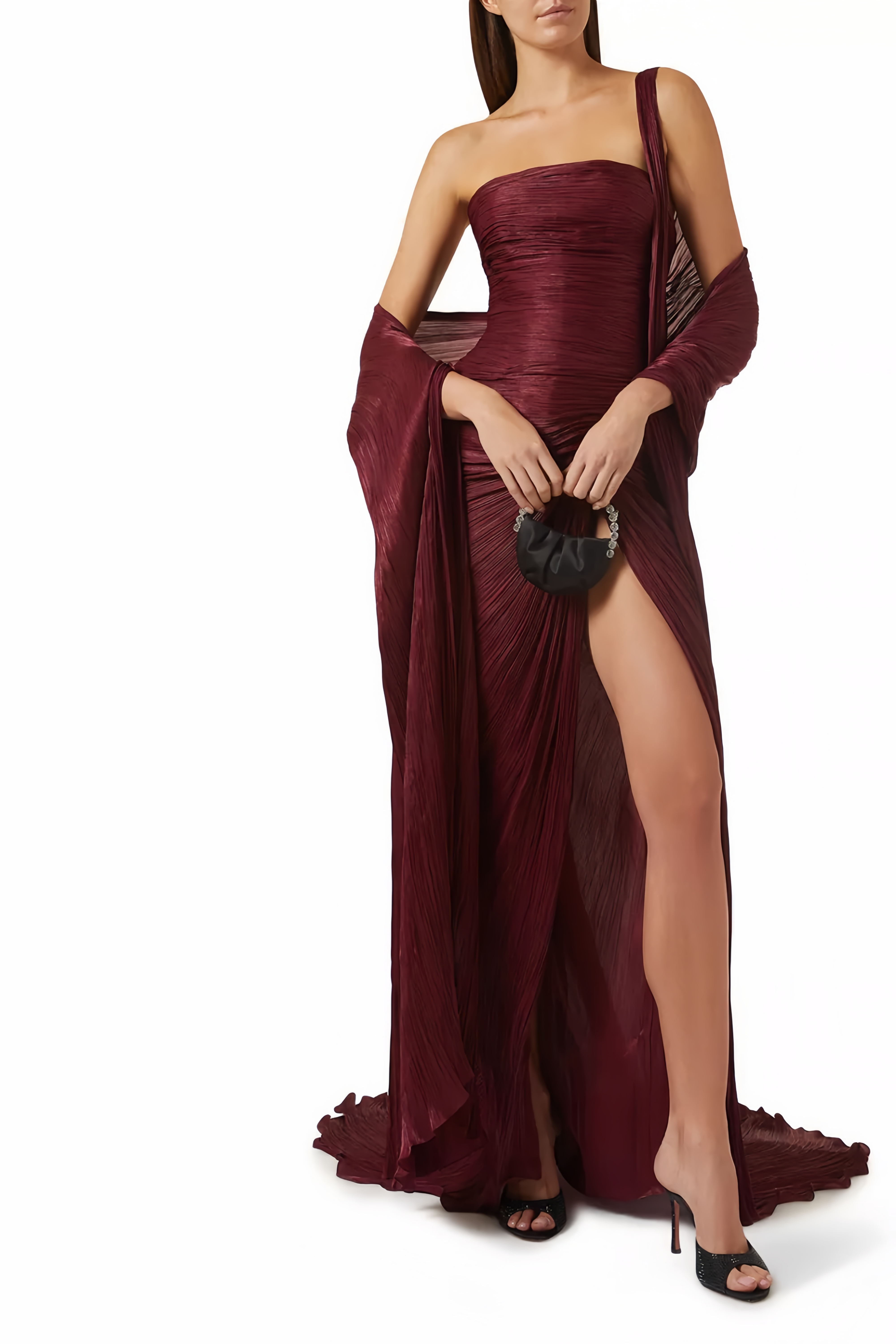 Burgundy Strapless Plissé Silk-Satin Gown & Cape