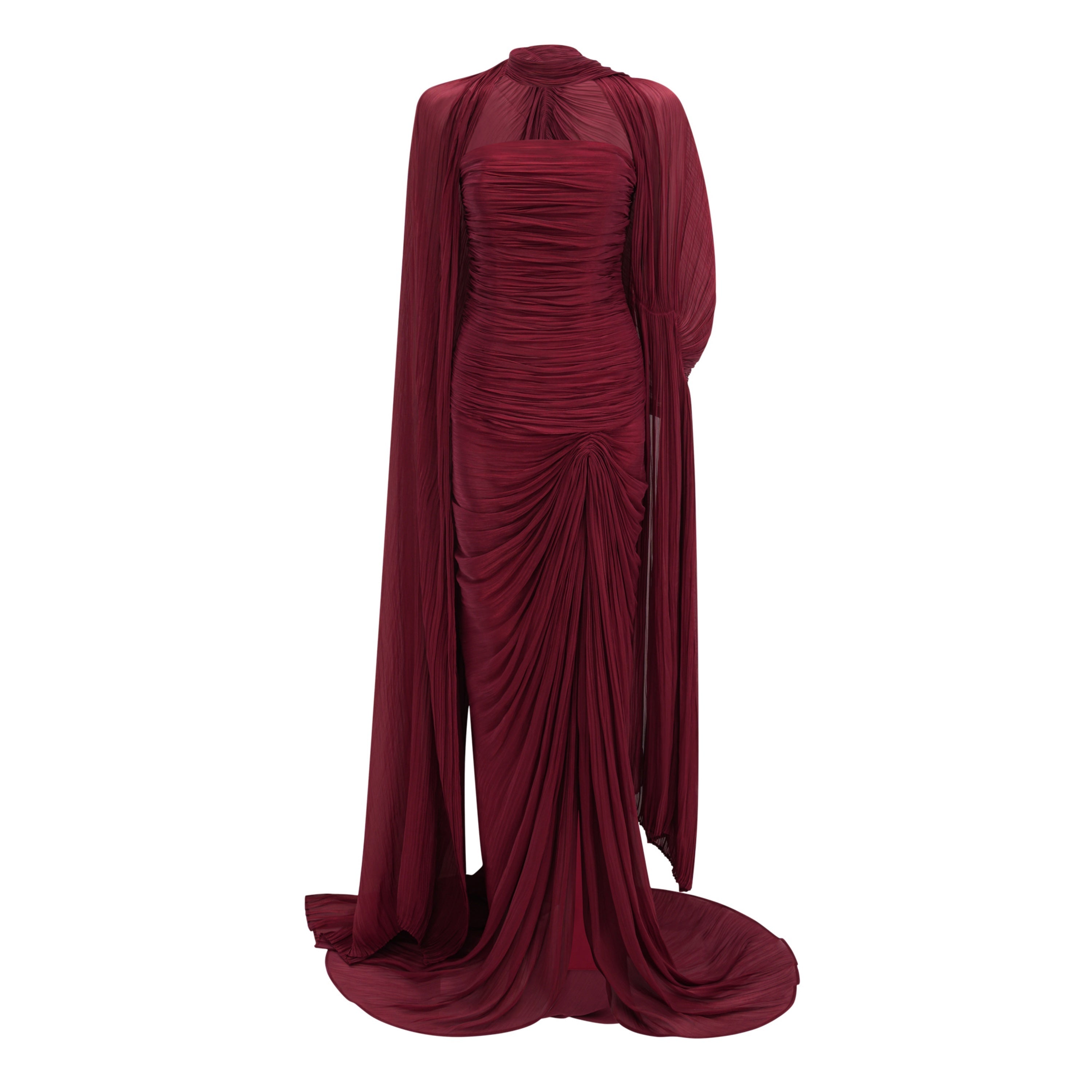 Burgundy pleated strapless gown with matching cape and high slit