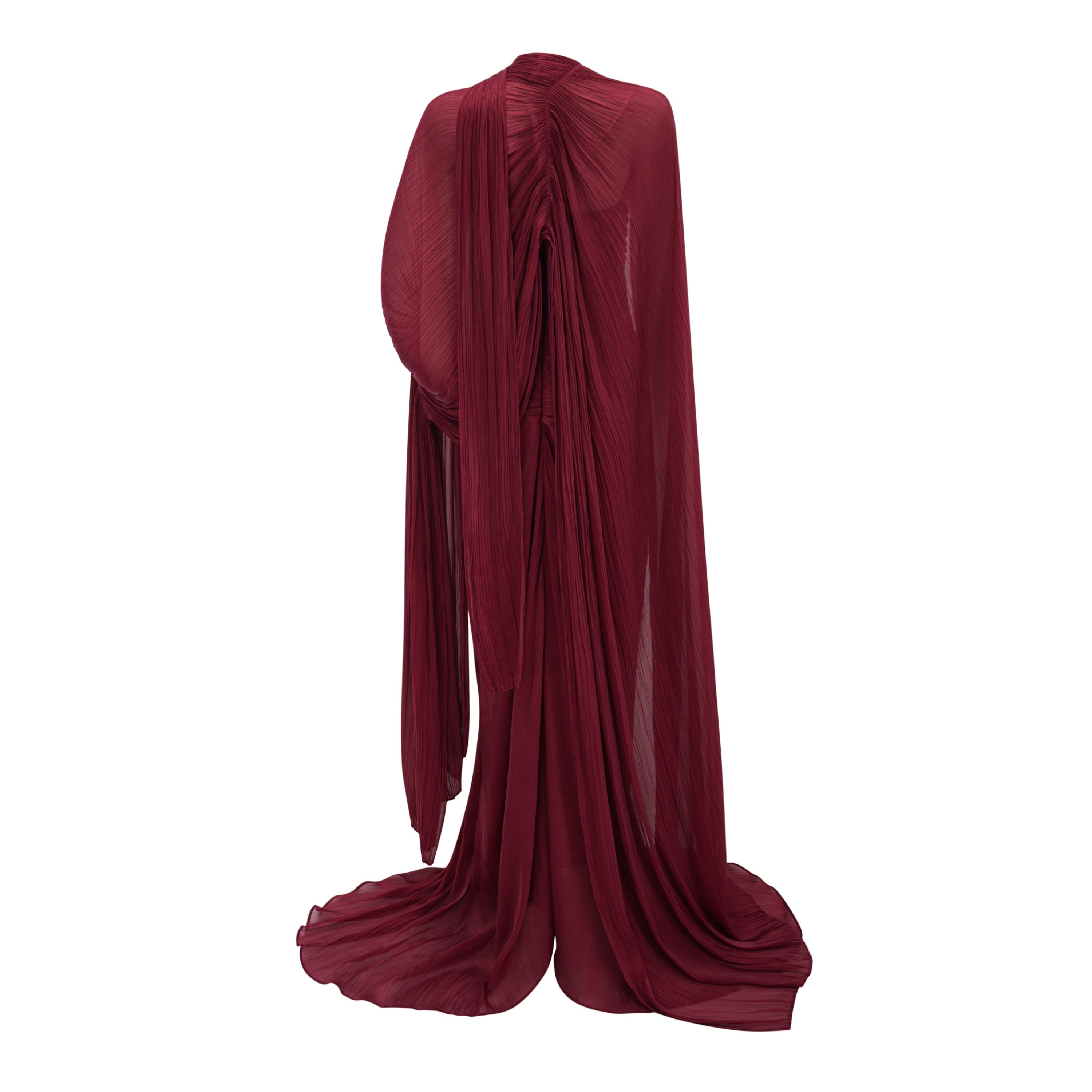 Burgundy pleated strapless gown with matching cape and high slit