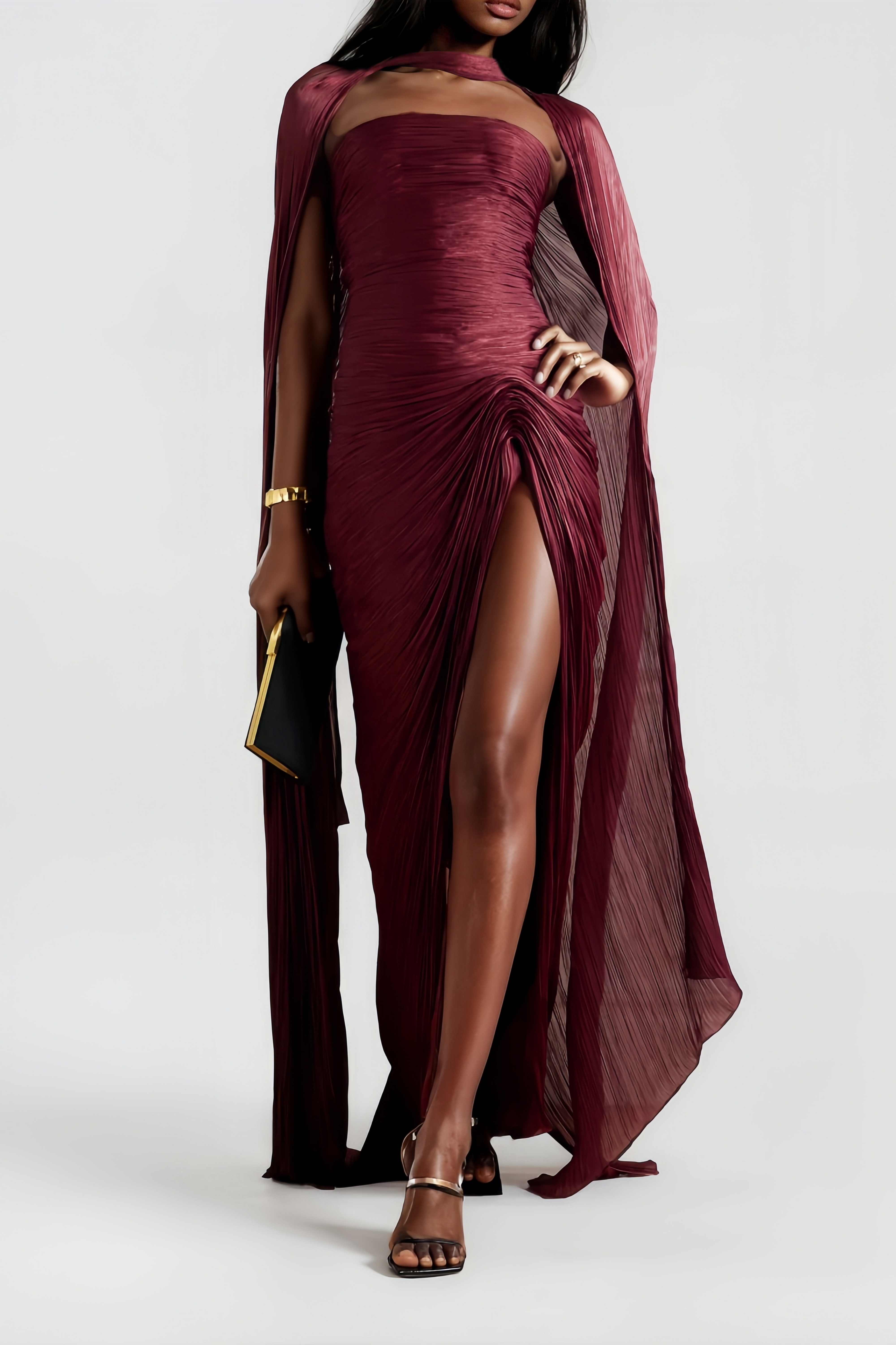 Burgundy Strapless Plissé Silk-Satin Gown & Cape