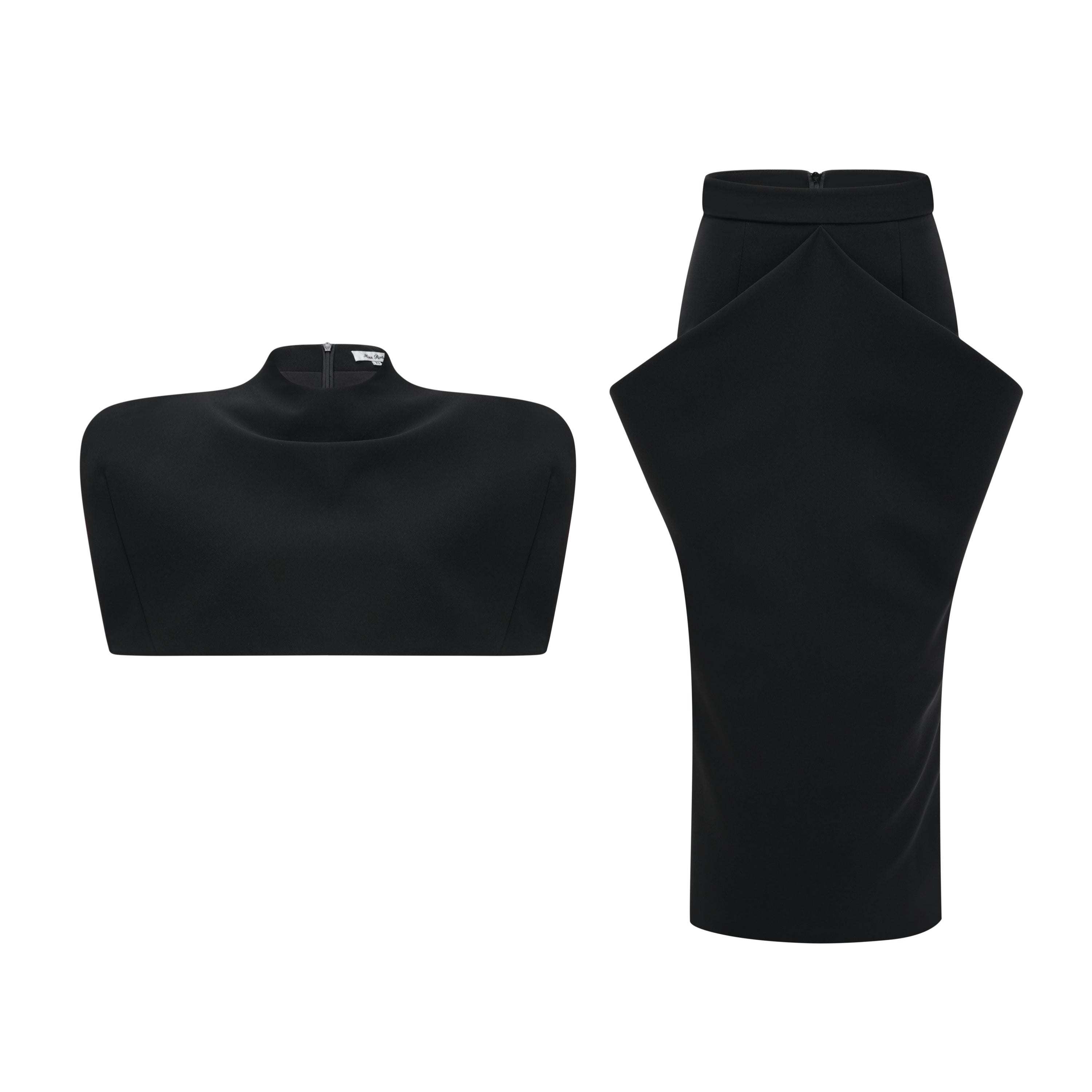 Black structured two-piece midi set with a boxy crop top and an exaggerated hip midi skirt
