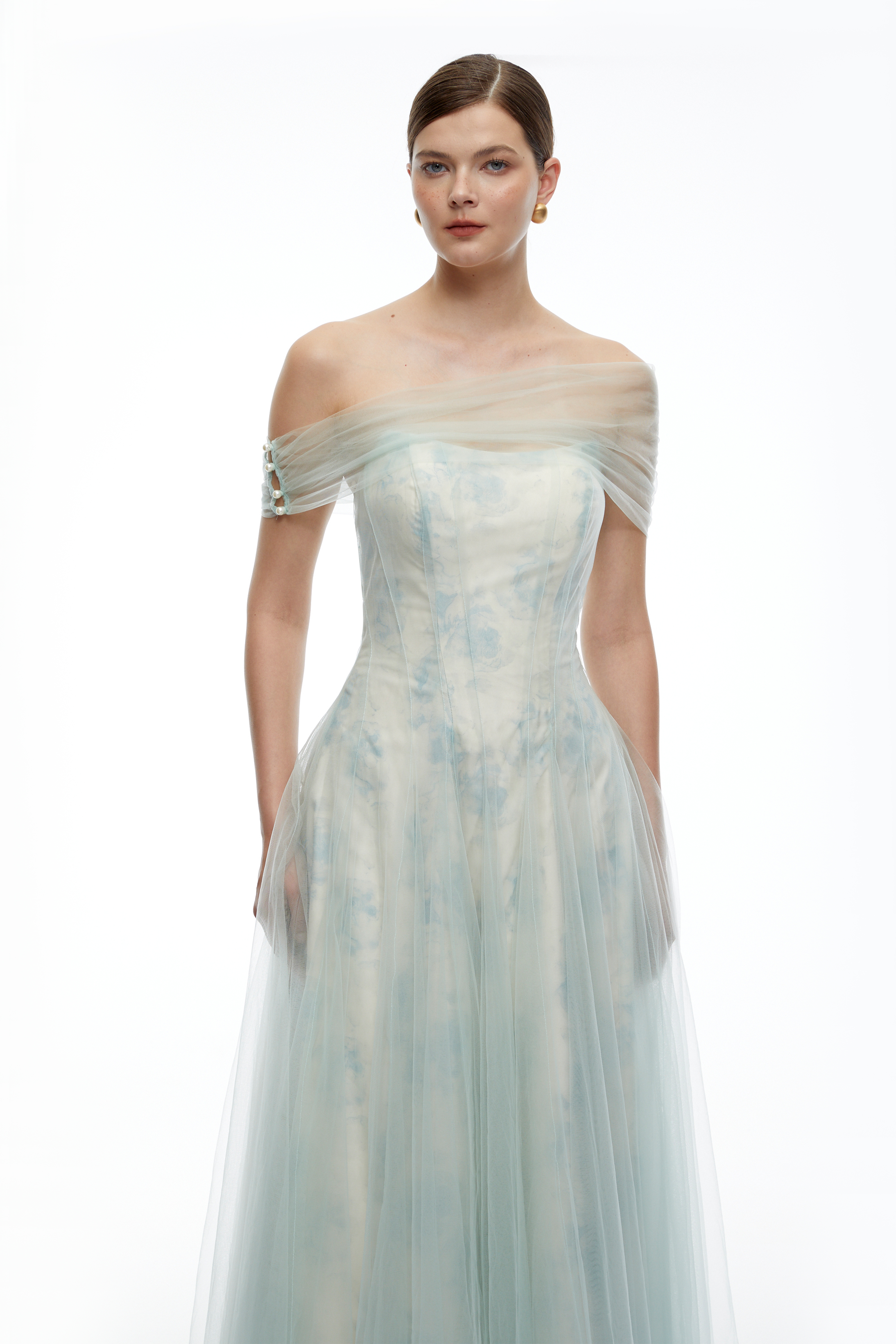 Siddiqa Green Print Tulle Pleated Maxi Dress