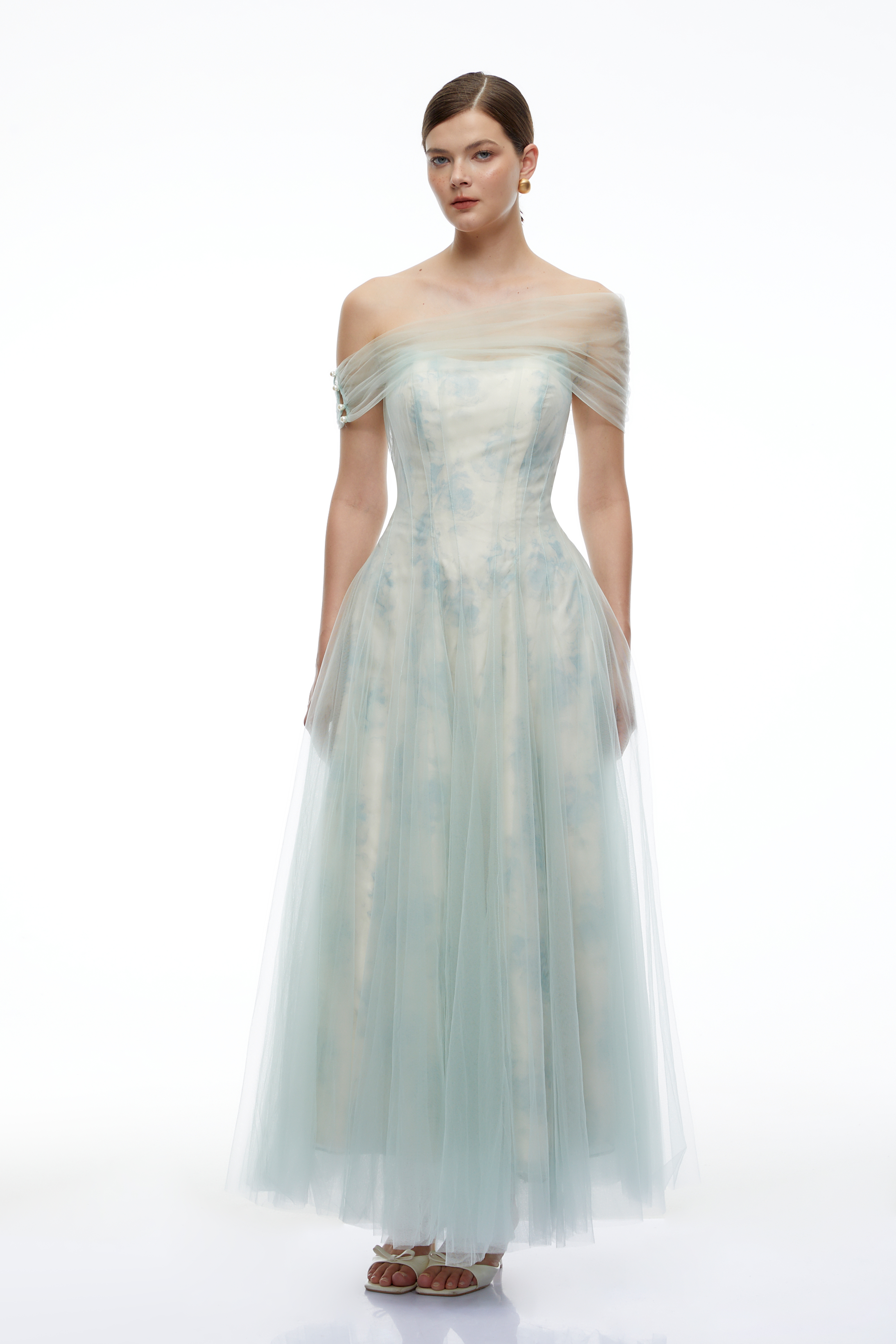Siddiqa Green Print Tulle Pleated Maxi Dress