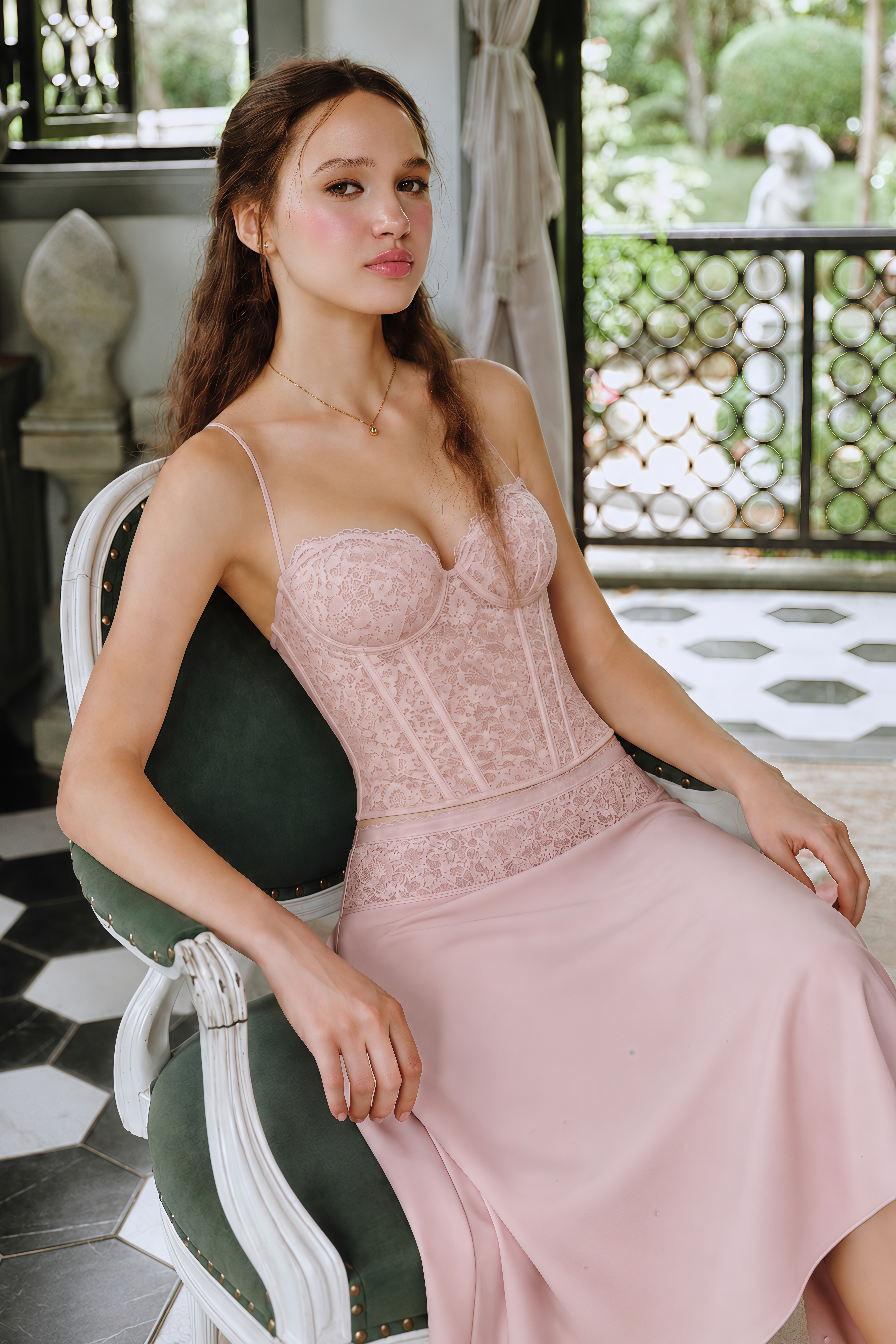 Sieglinde Pink Sweetheart Lace Top & Skirt Set