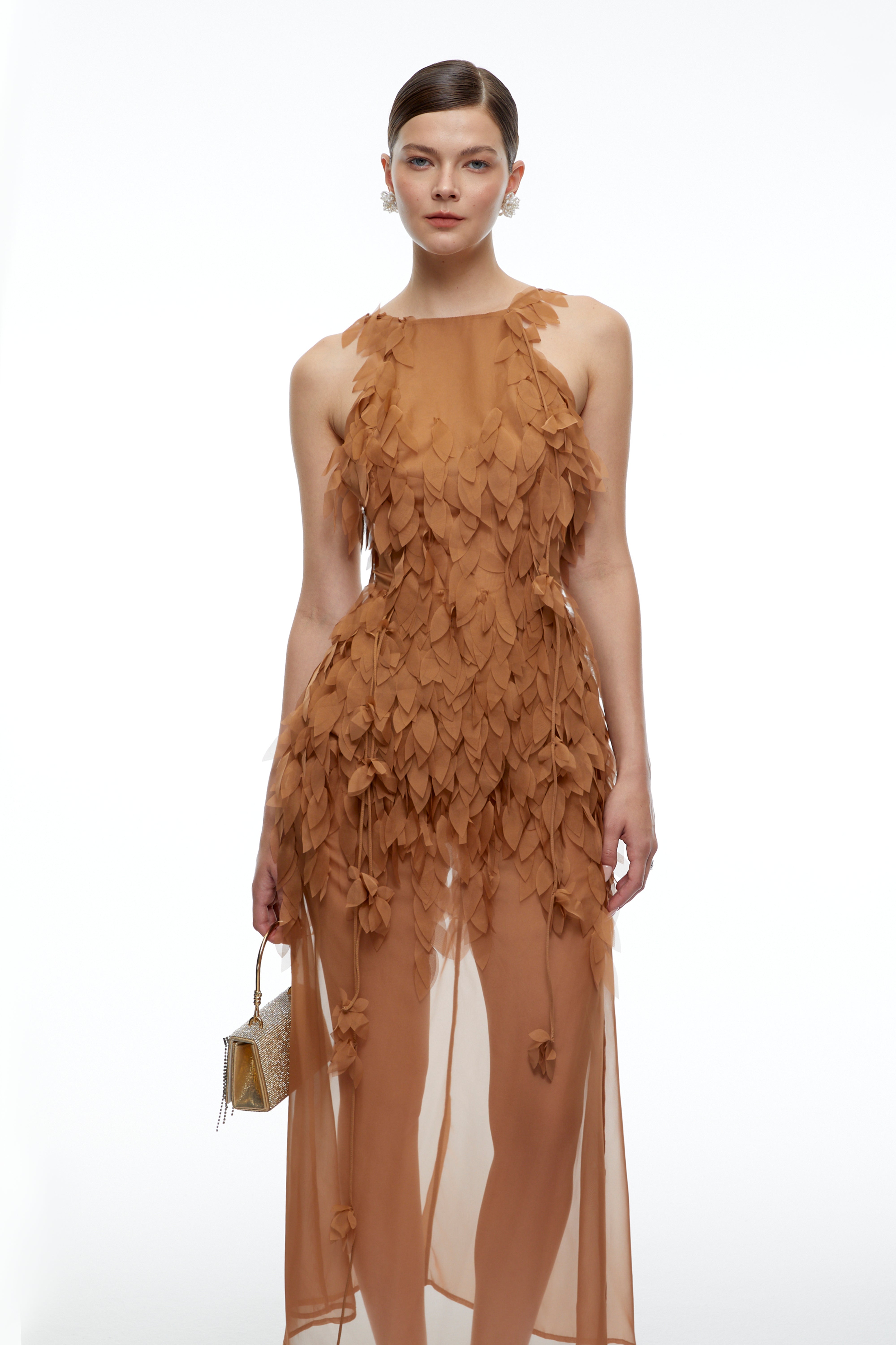 Sienna Khaki Halterneck Sheer Maxi Dress with Leaf Applique