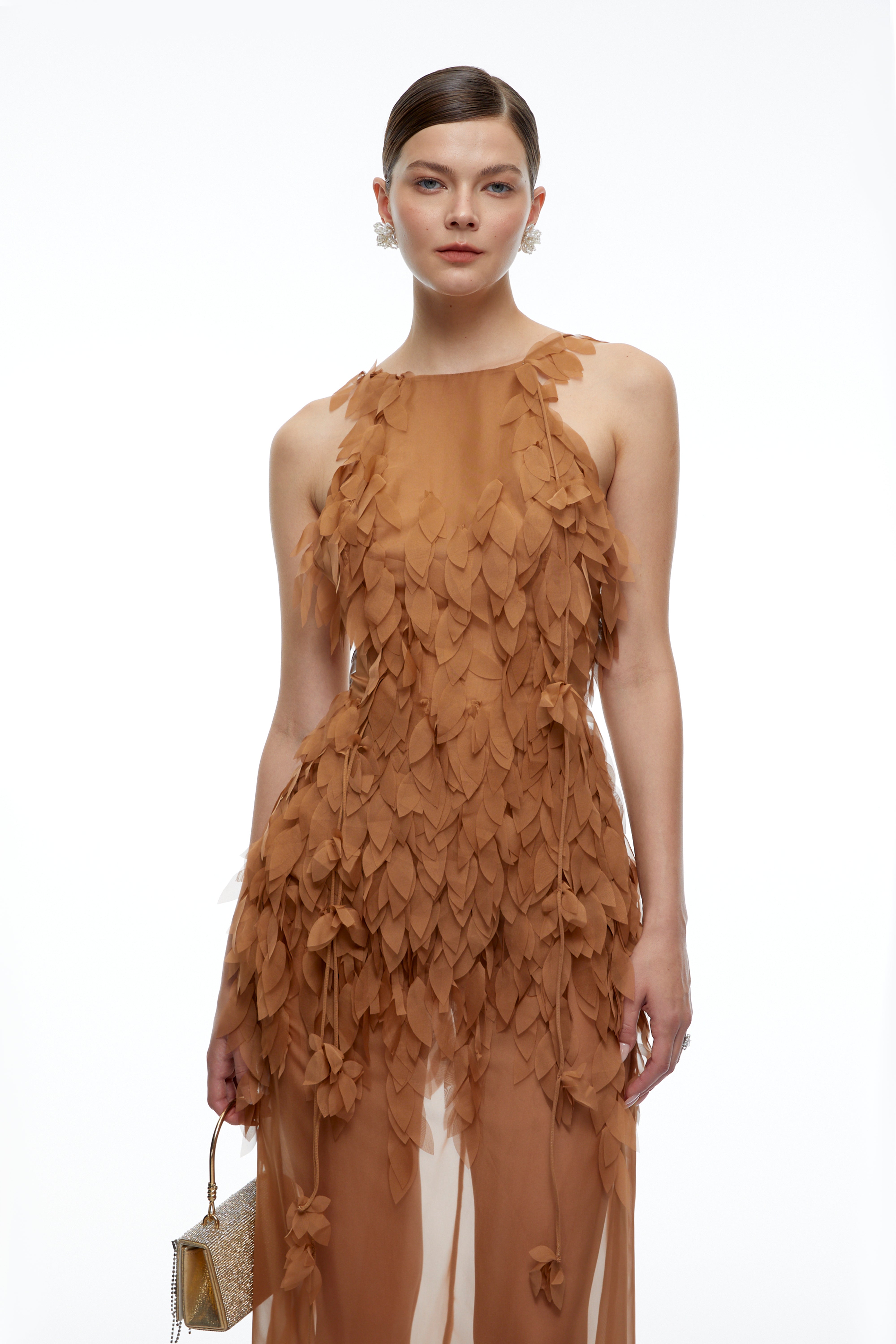 Sienna Khaki Halterneck Sheer Maxi Dress with Leaf Applique