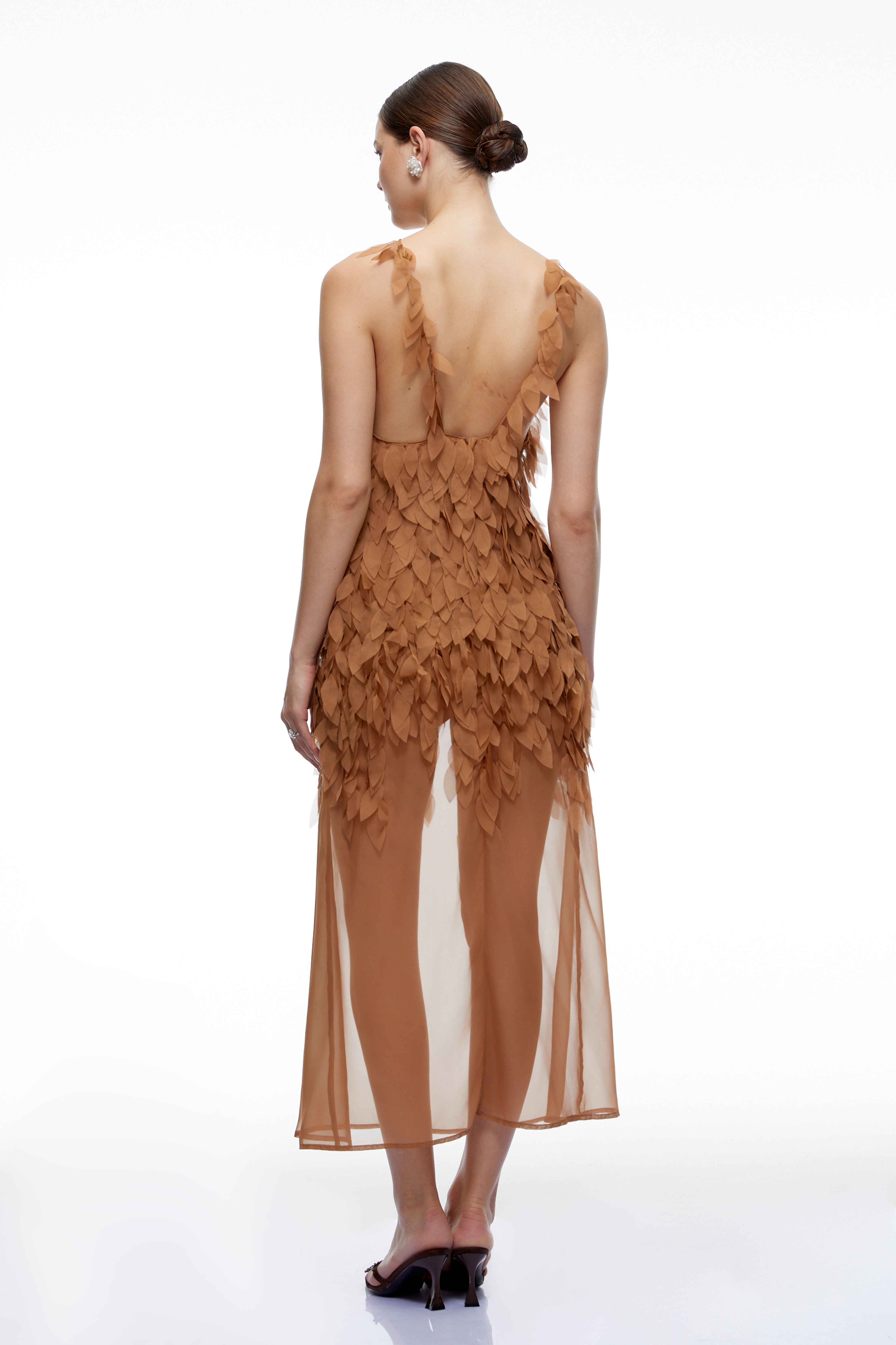 Sienna Khaki Halterneck Sheer Maxi Dress with Leaf Applique