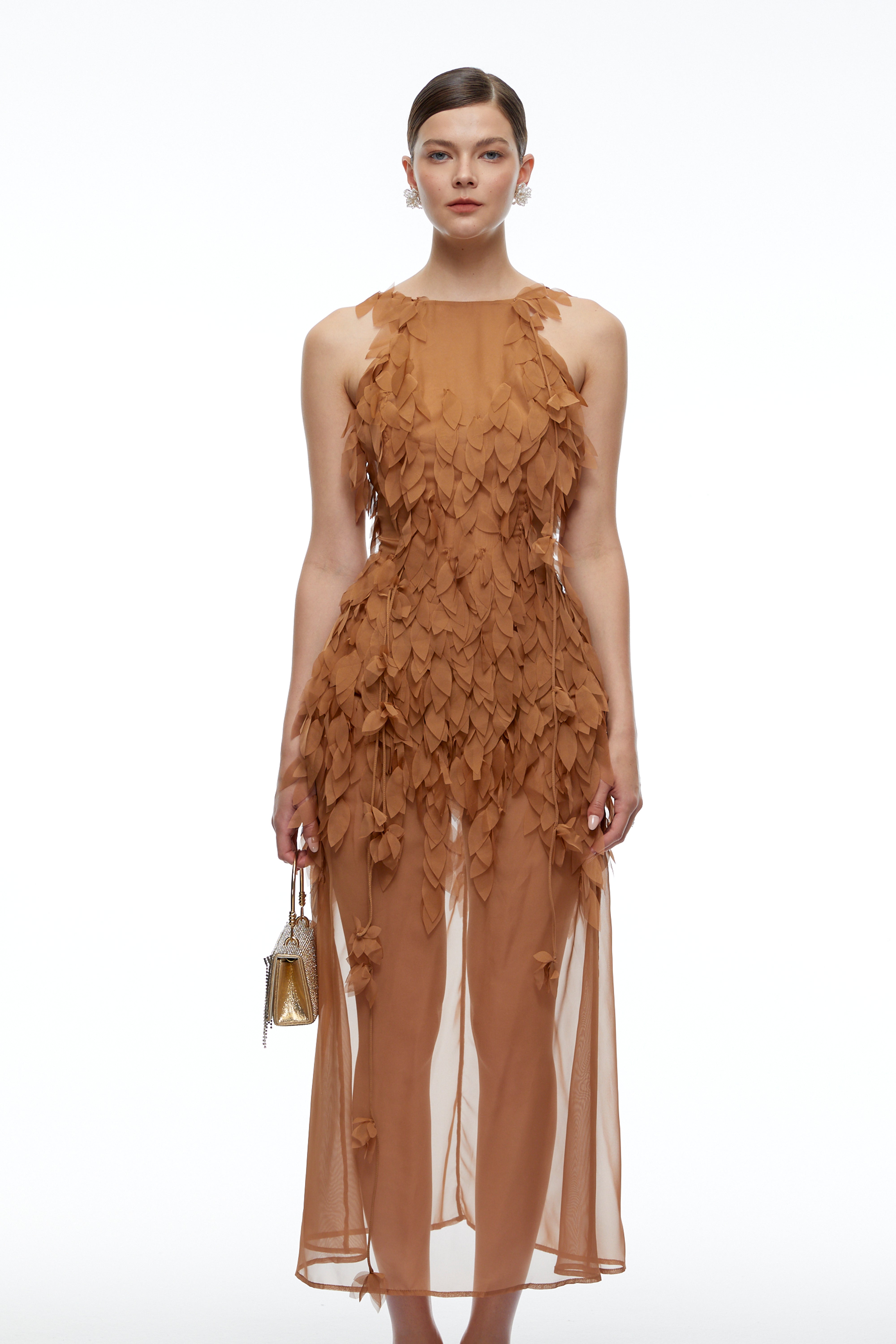 Sienna Khaki Halterneck Sheer Maxi Dress with Leaf Applique