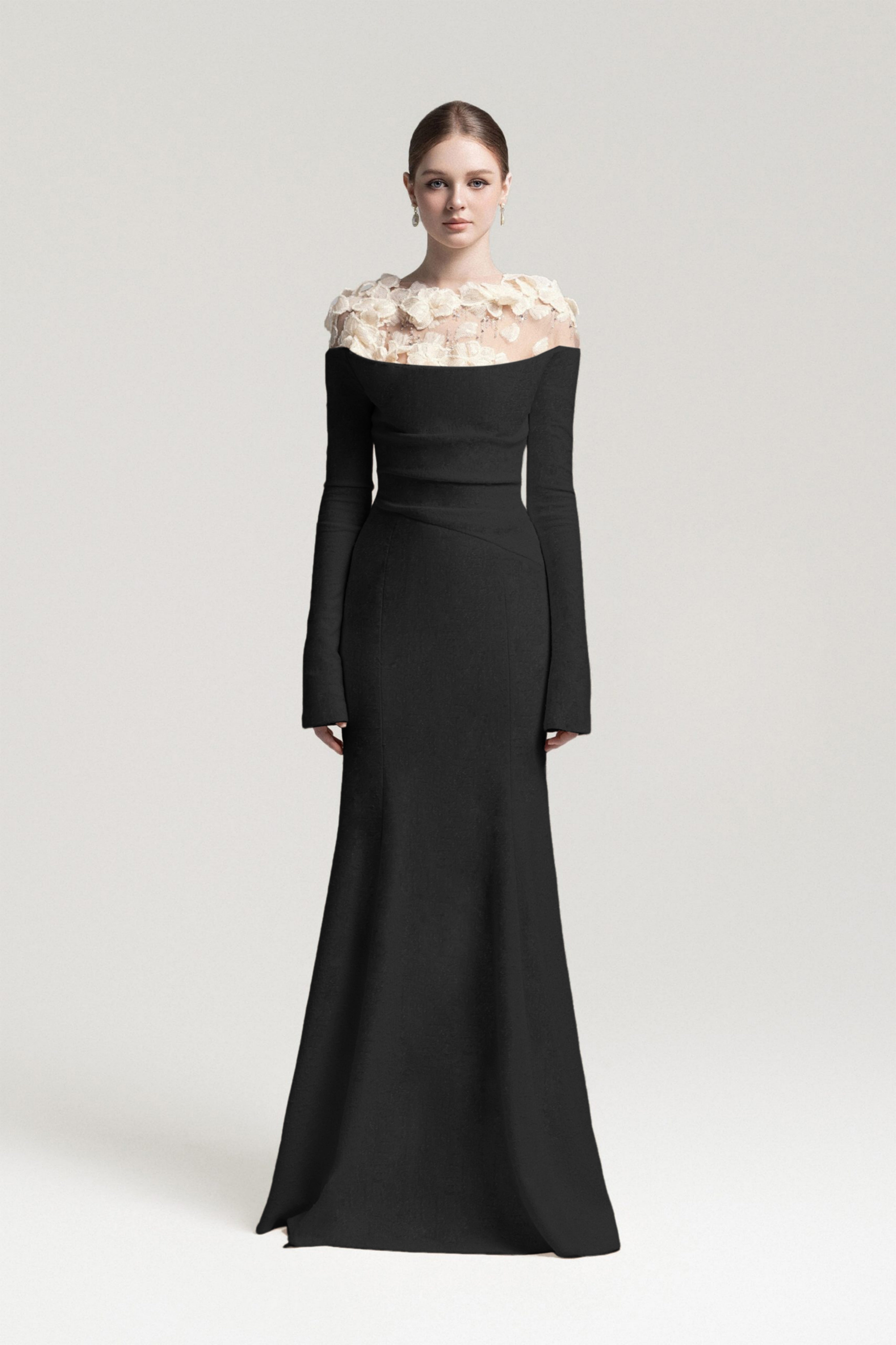 Black mermaid gown with floral appliqué illusion neckline