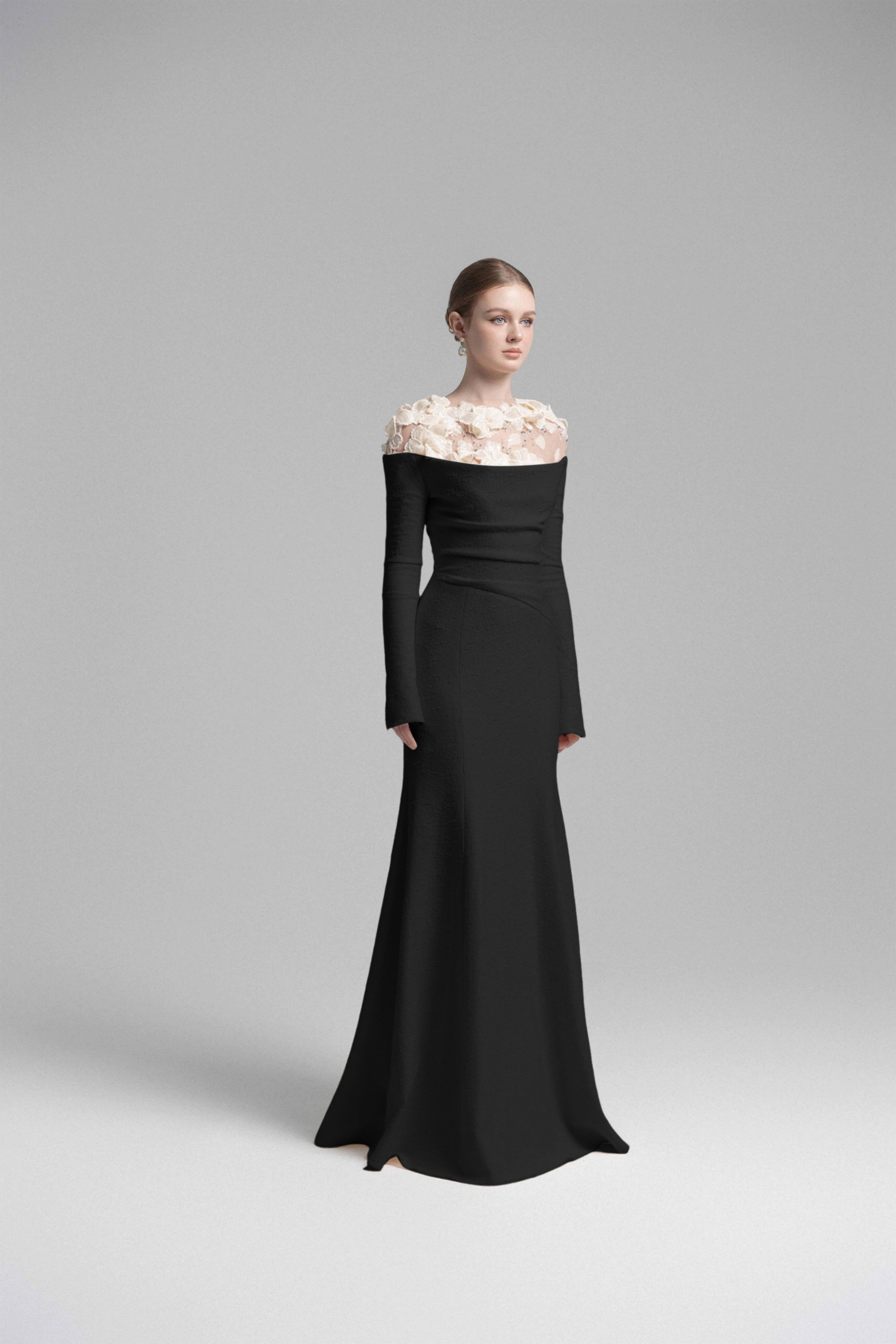 Black mermaid gown with floral appliqué illusion neckline