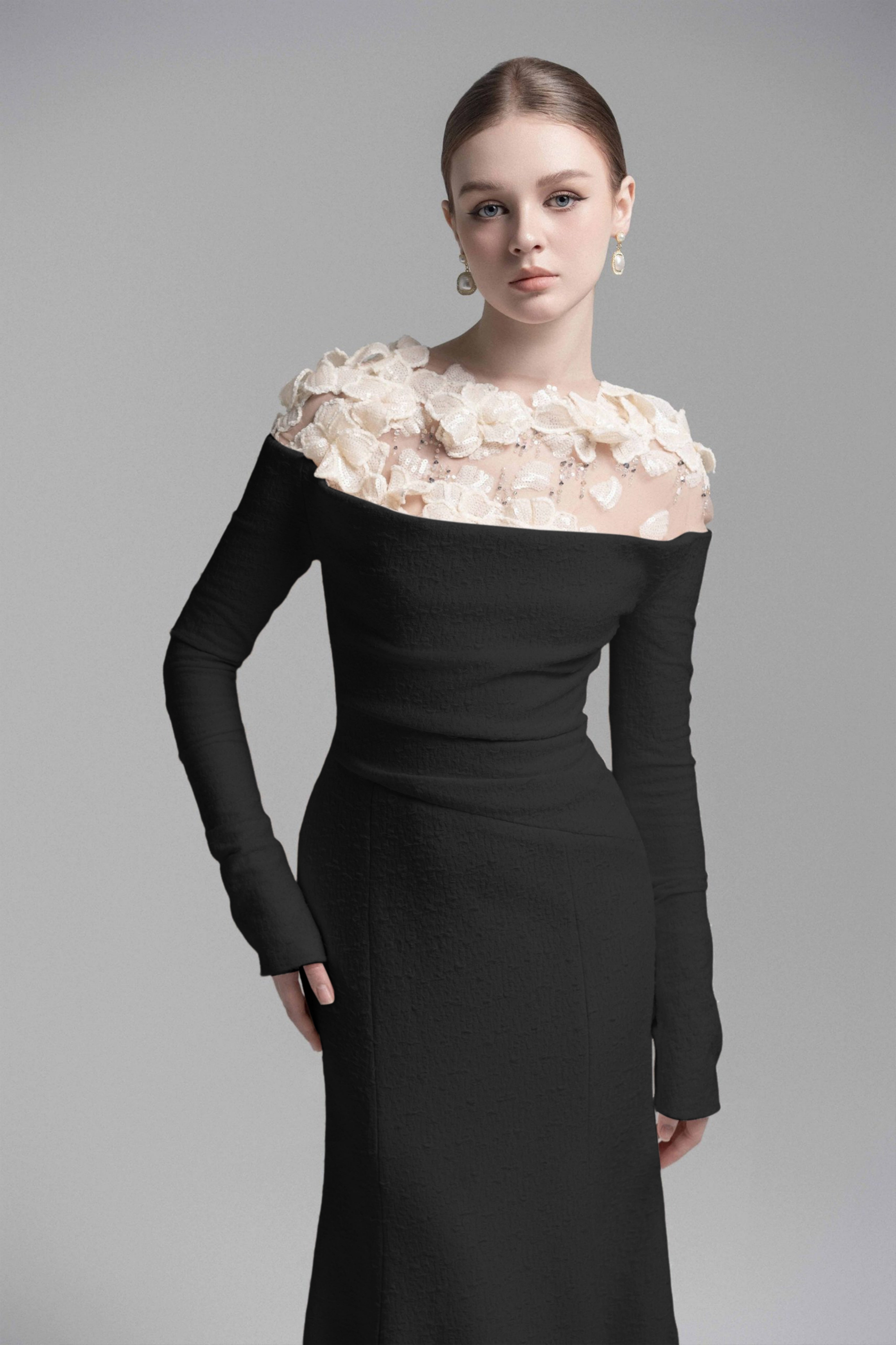 Black mermaid gown with floral appliqué illusion neckline