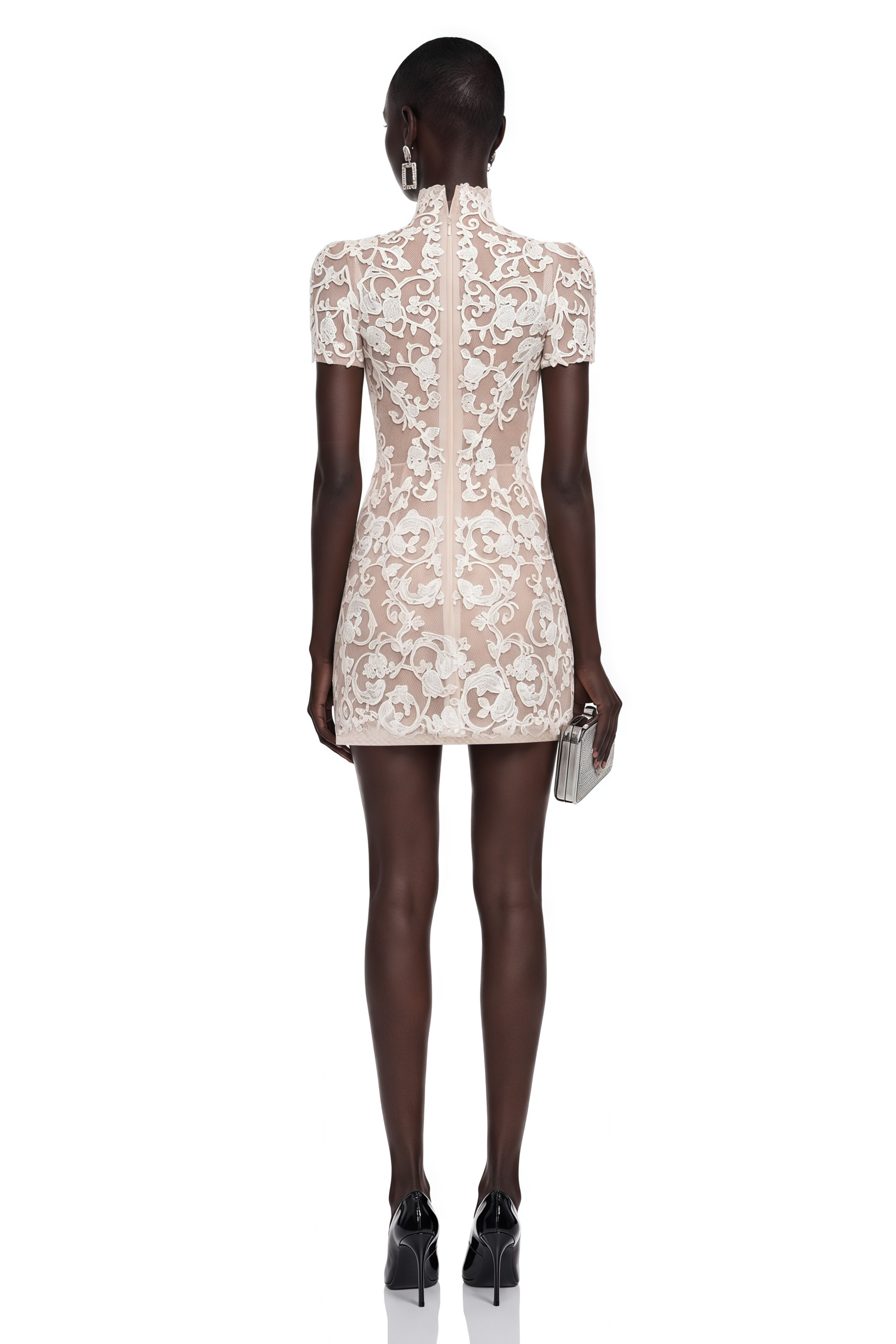 Off-white lace high-neck mini dress with black bow details