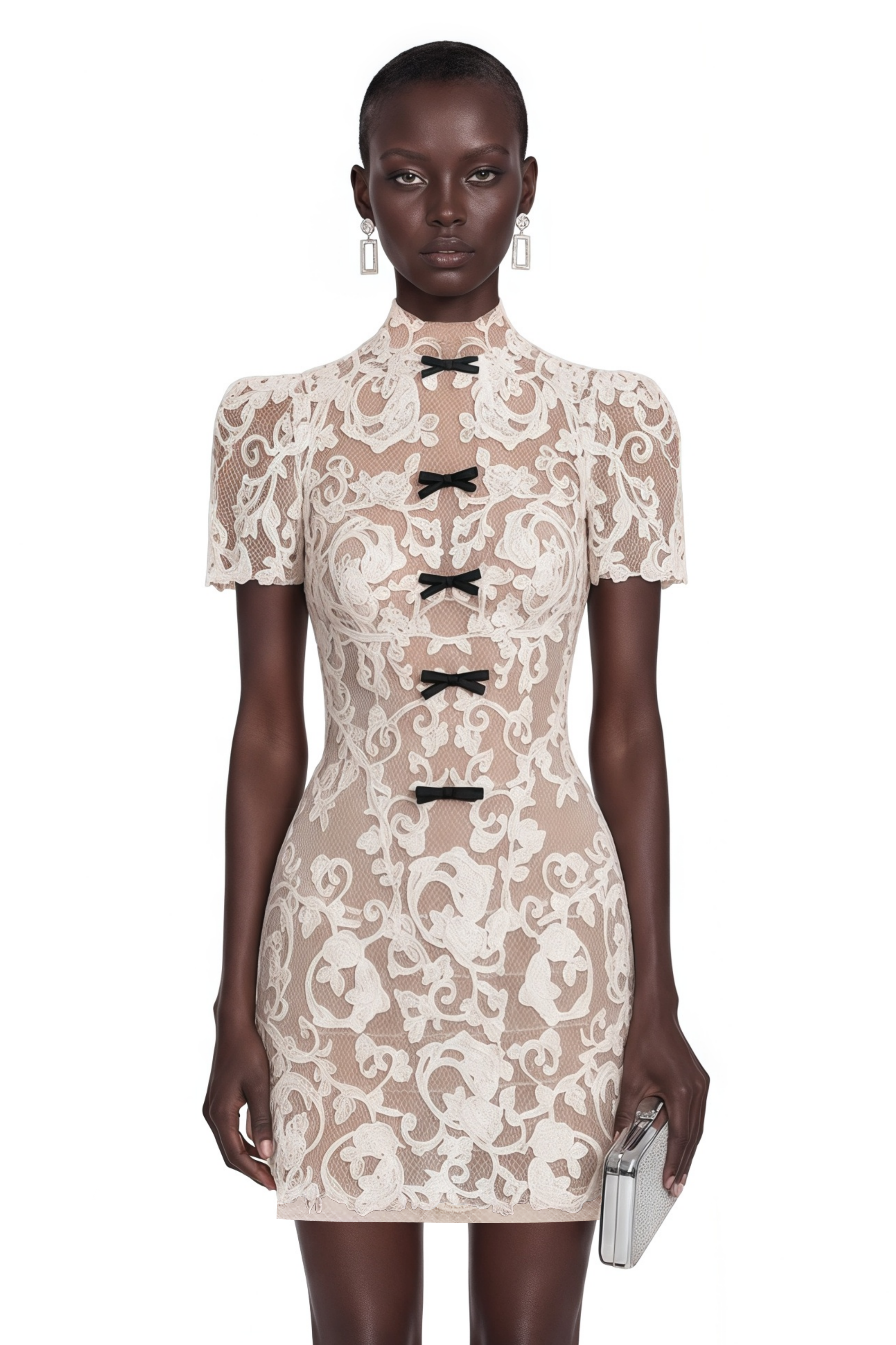 Off-white lace high-neck mini dress with black bow details