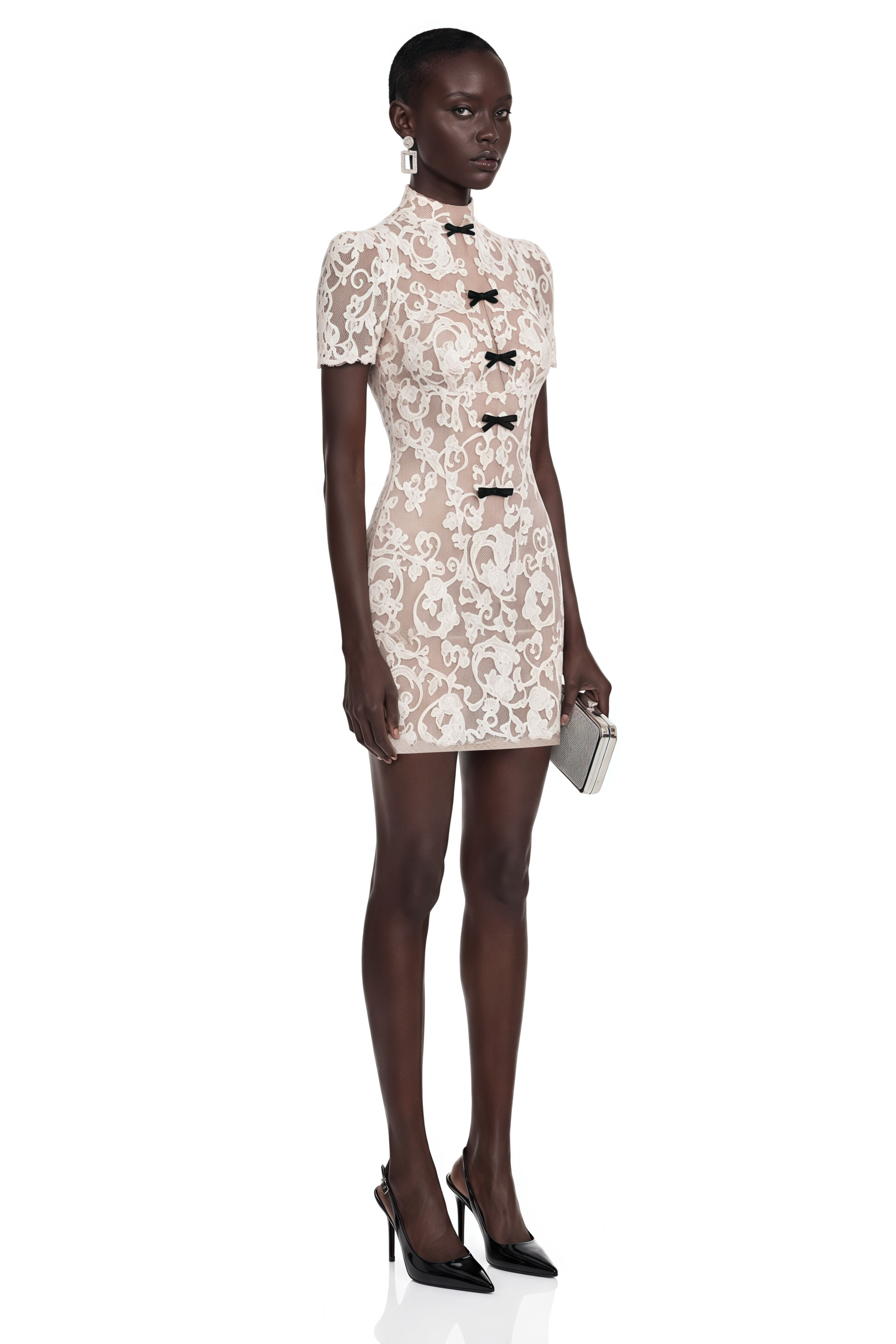 Off-white lace high-neck mini dress with black bow details