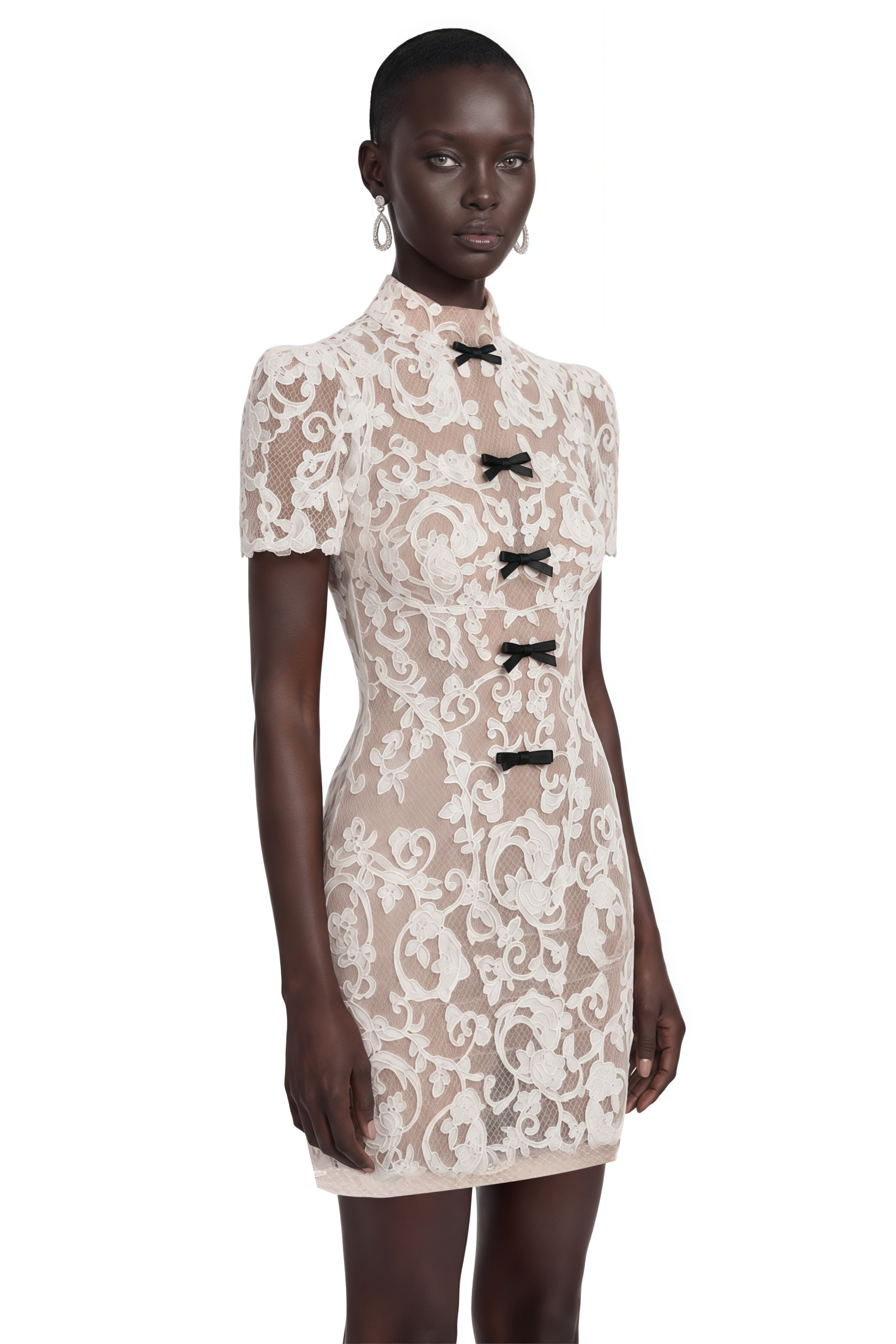 Off-white lace high-neck mini dress with black bow details