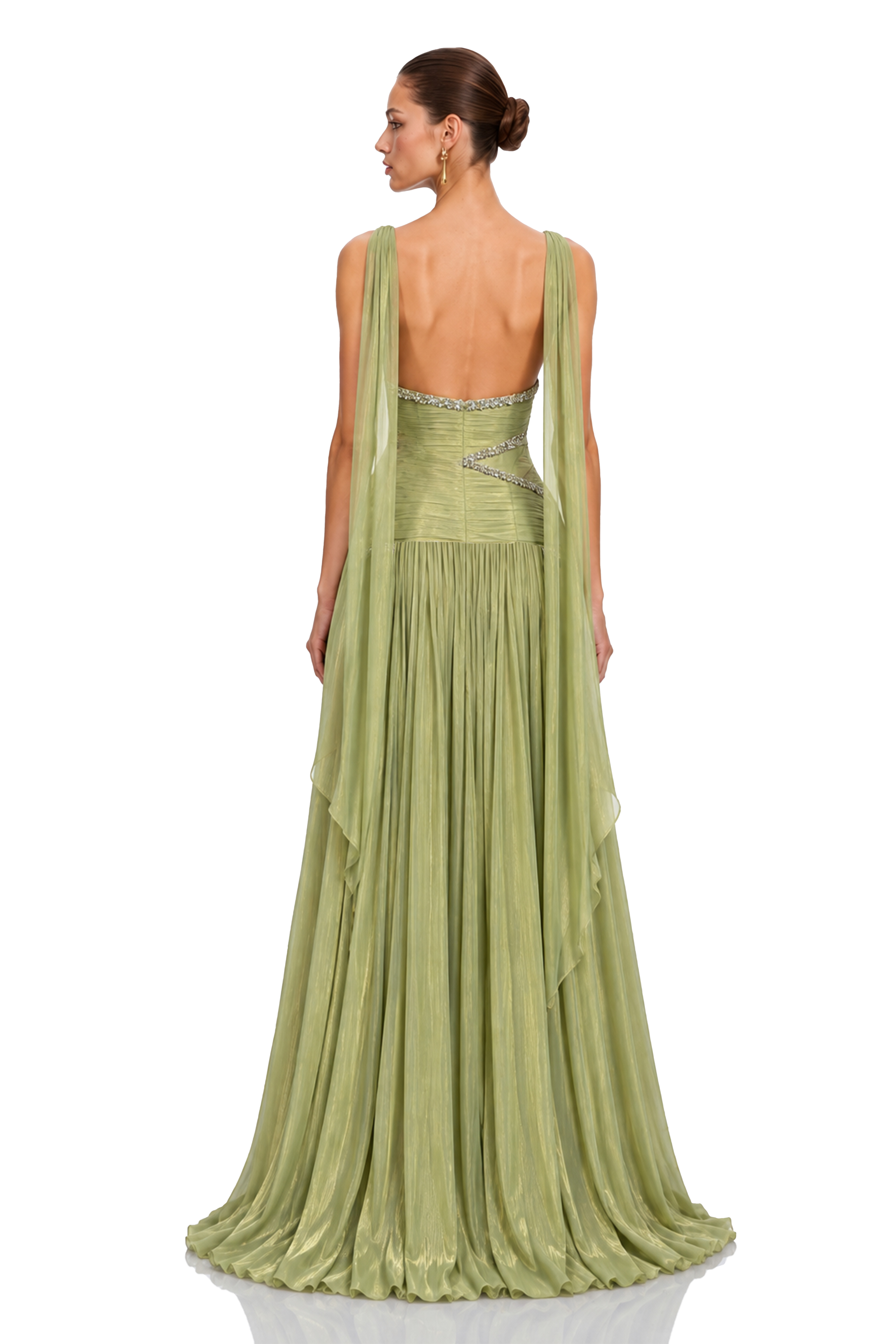 Siobhan Green Crystal-Embellished Ruched Maxi Gown with Scarf