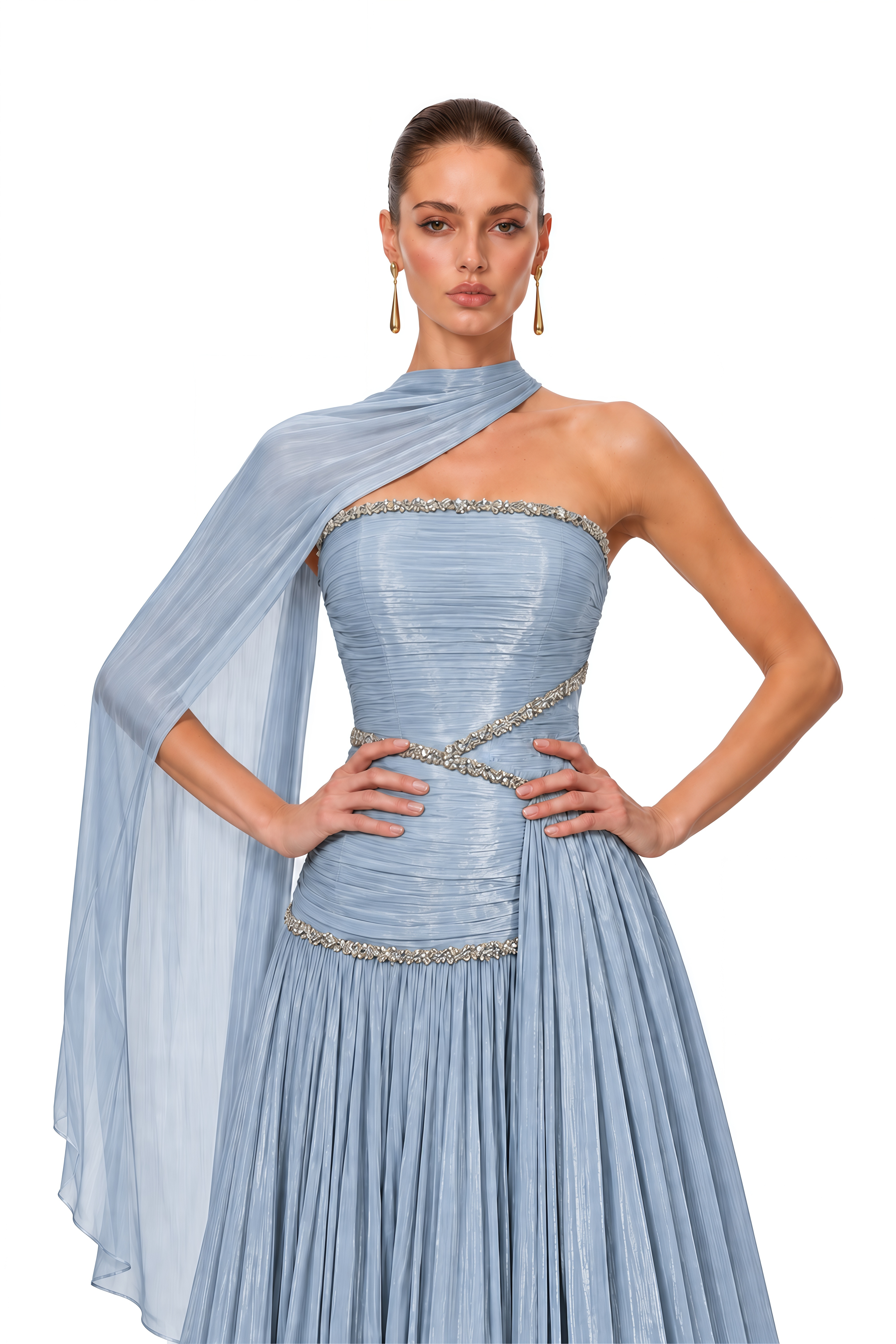 Siobhan Ice Blue Crystal-Embellished Ruched Maxi Gown with Scarf