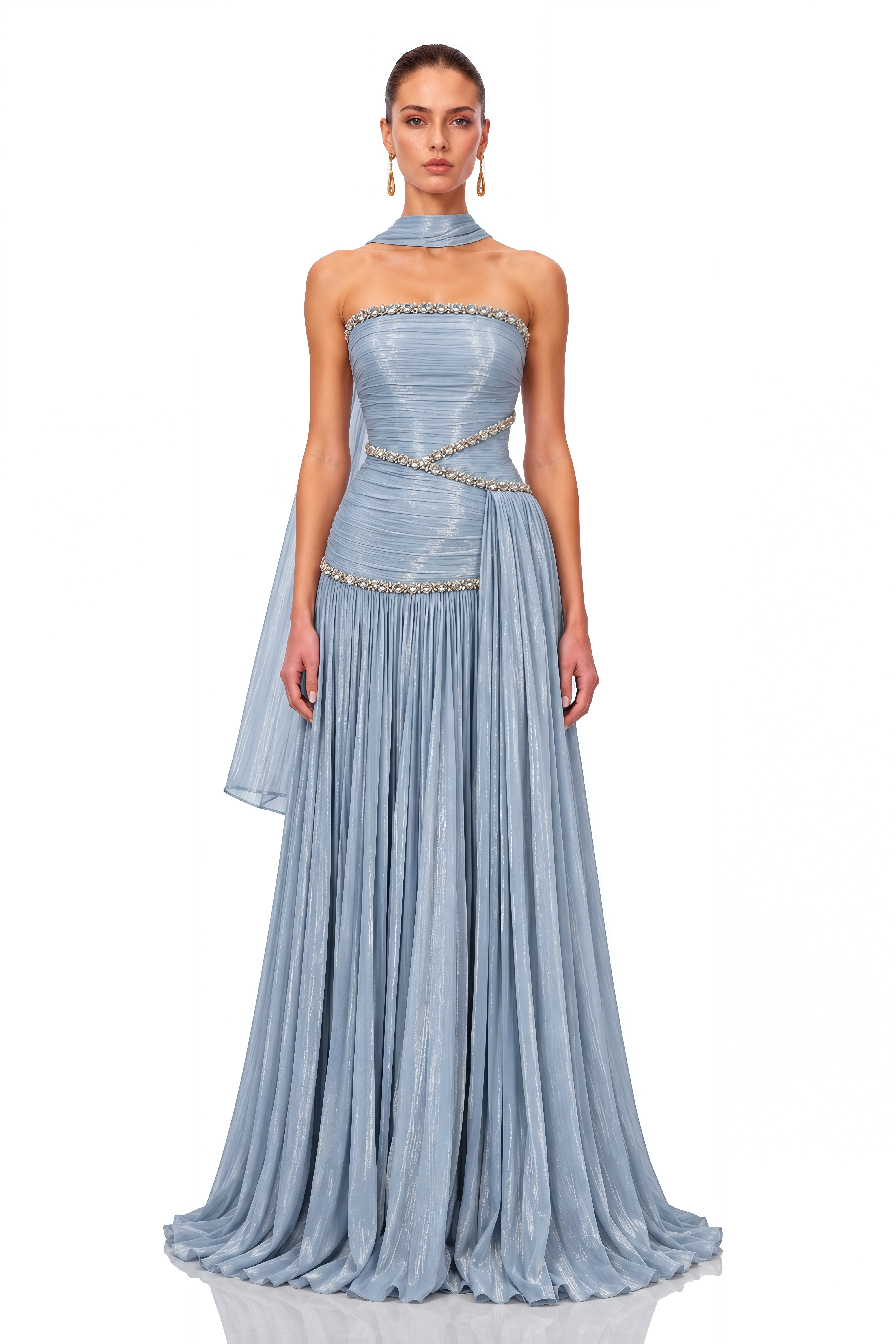 Siobhan Ice Blue Crystal-Embellished Ruched Maxi Gown with Scarf