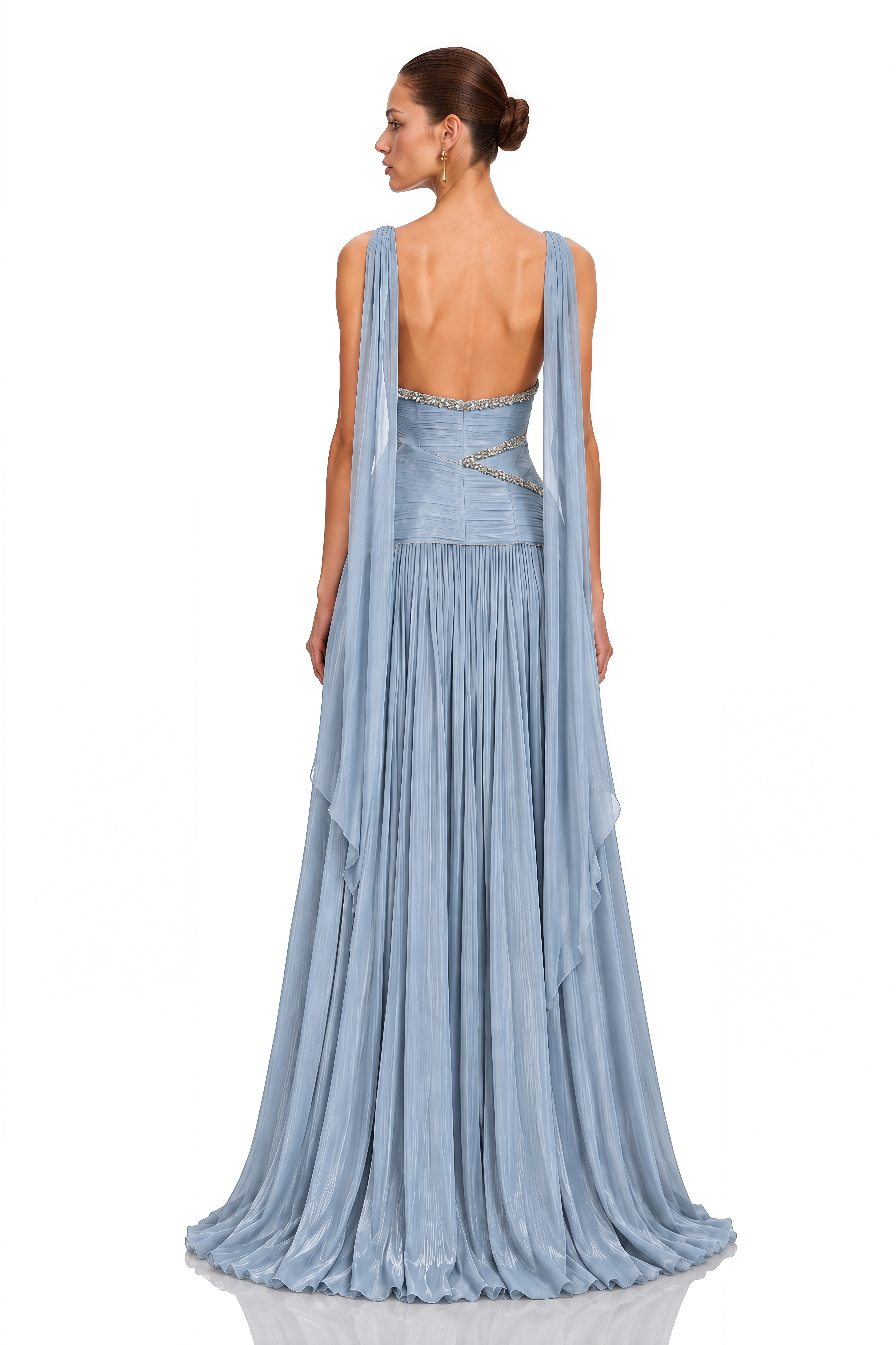 Siobhan Ice Blue Crystal-Embellished Ruched Maxi Gown with Scarf