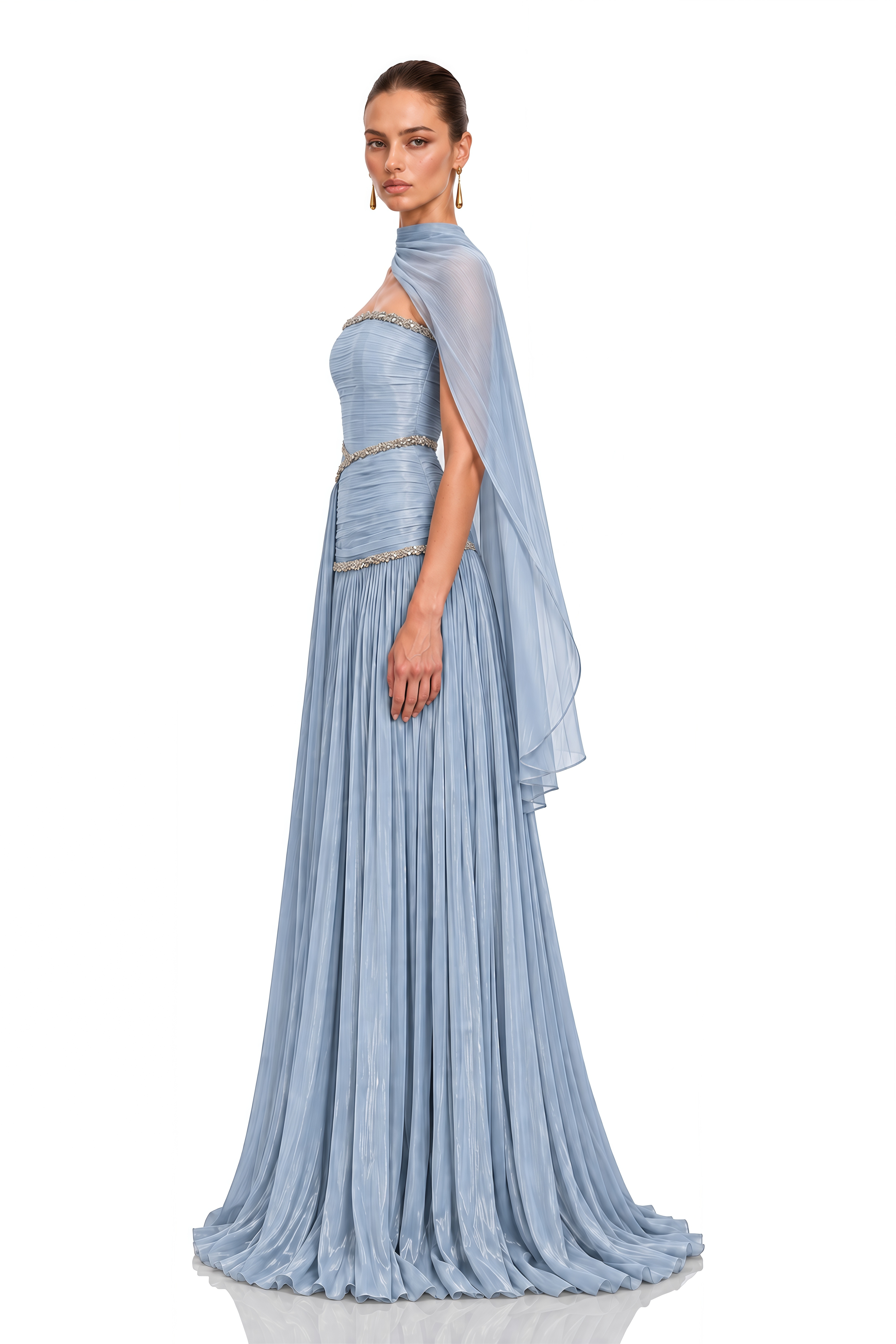 Siobhan Ice Blue Crystal-Embellished Ruched Maxi Gown with Scarf