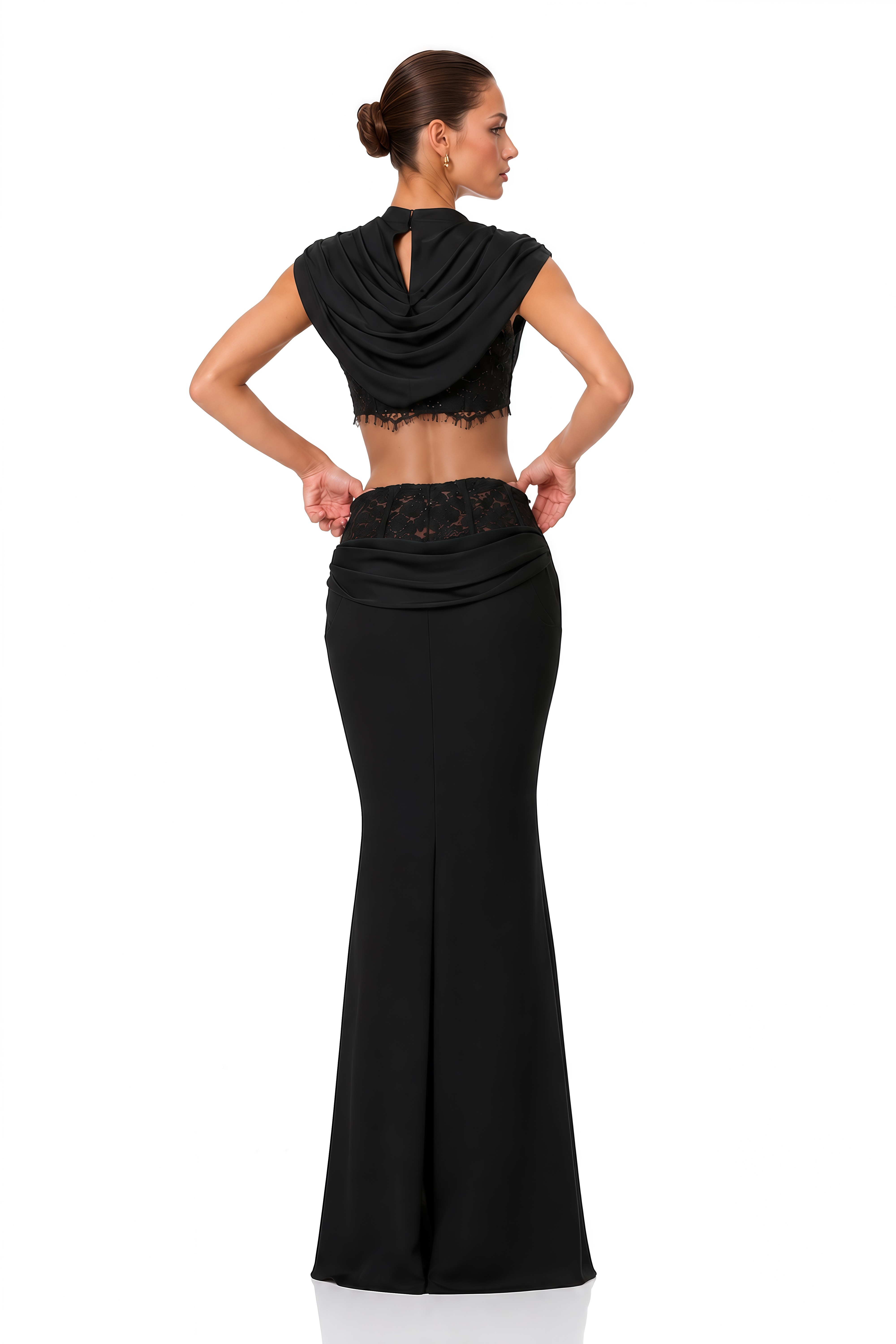 Siosi Black Ruched Top & Maxi Skirt Set with Lace Trim