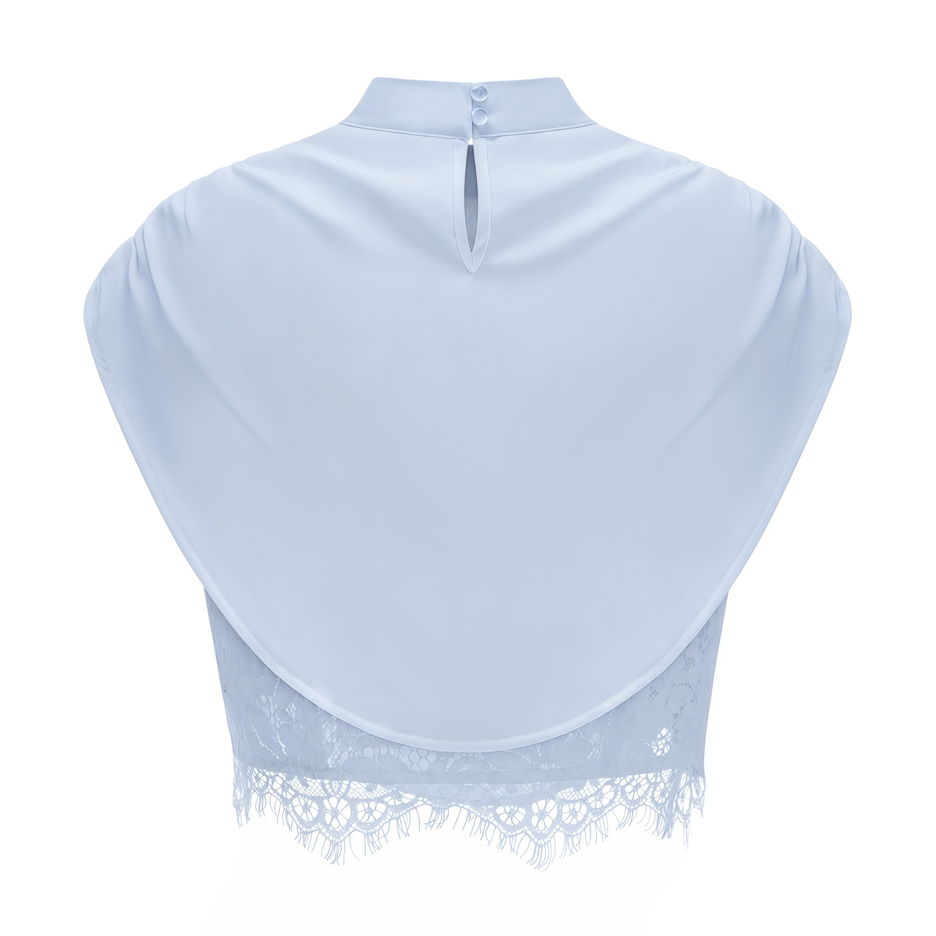 Light blue two-piece set with a cowl crop top and a lace-waist mini skirt