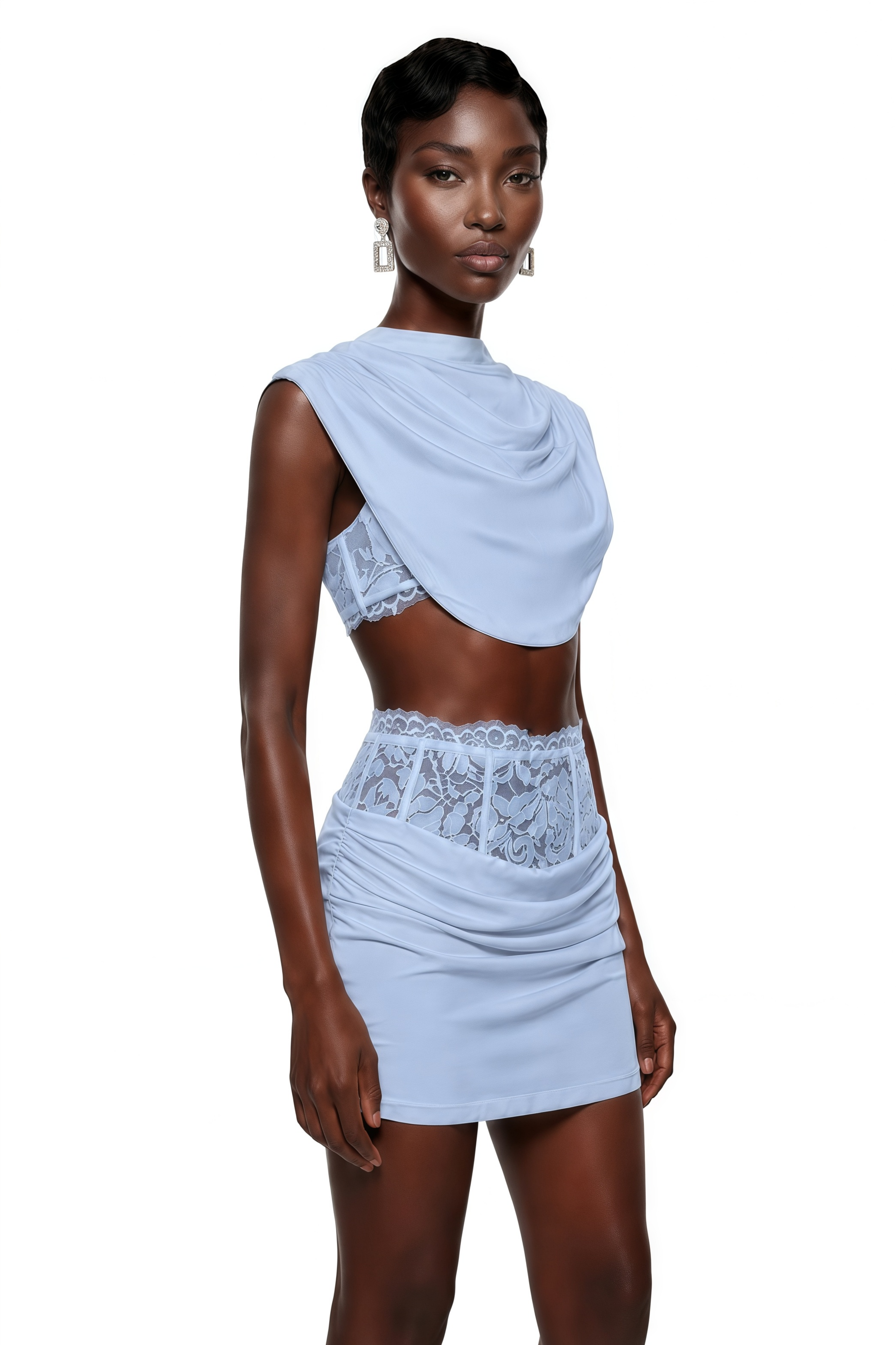 Light blue two-piece set with a cowl crop top and a lace-waist mini skirt
