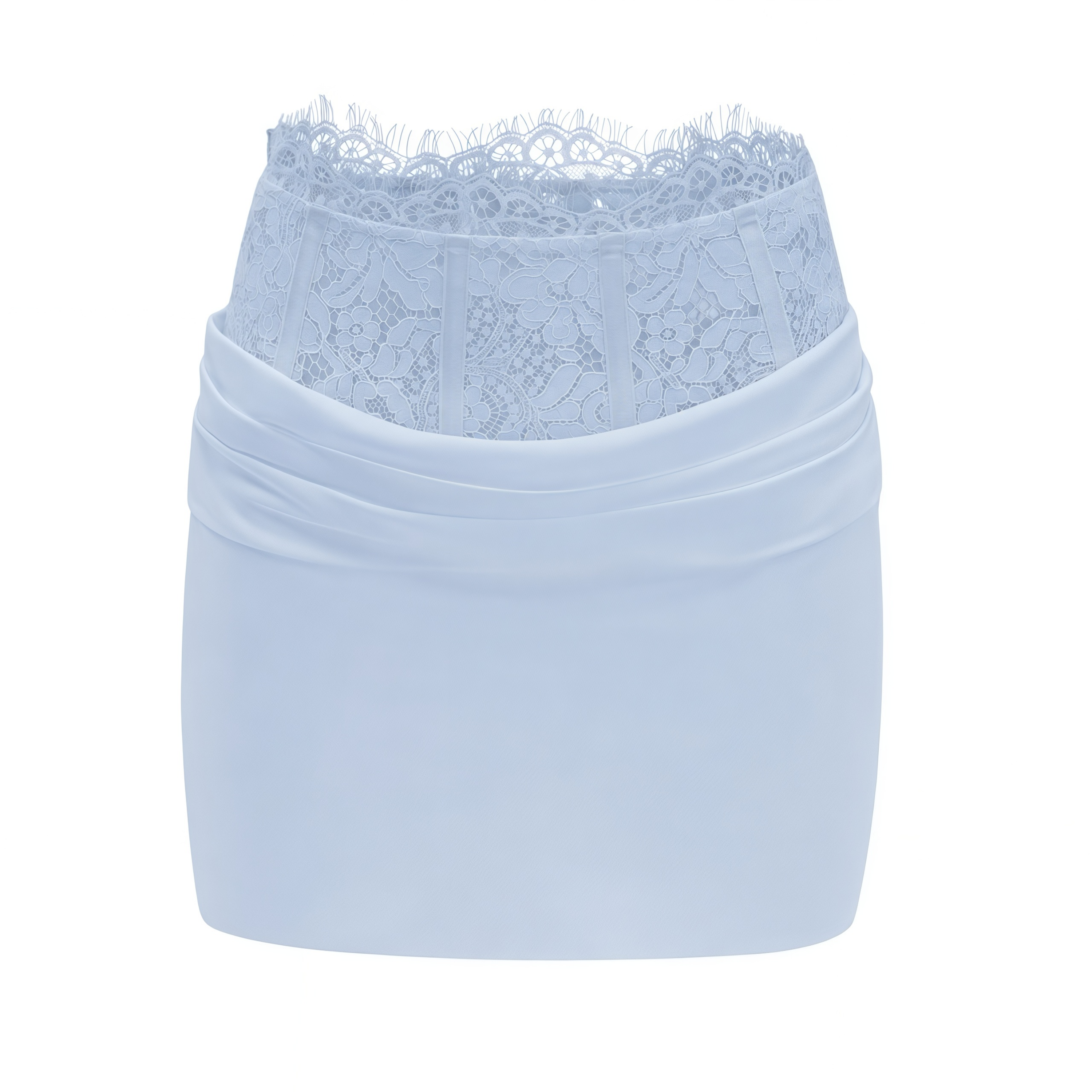 Light blue two-piece set with a cowl crop top and a lace-waist mini skirt