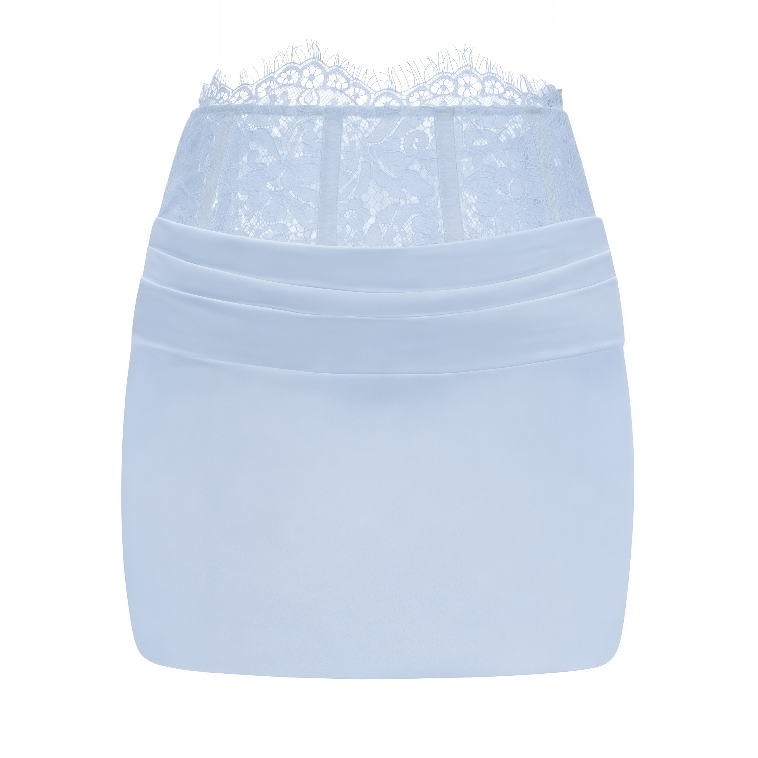 Light blue two-piece set with a cowl crop top and a lace-waist mini skirt