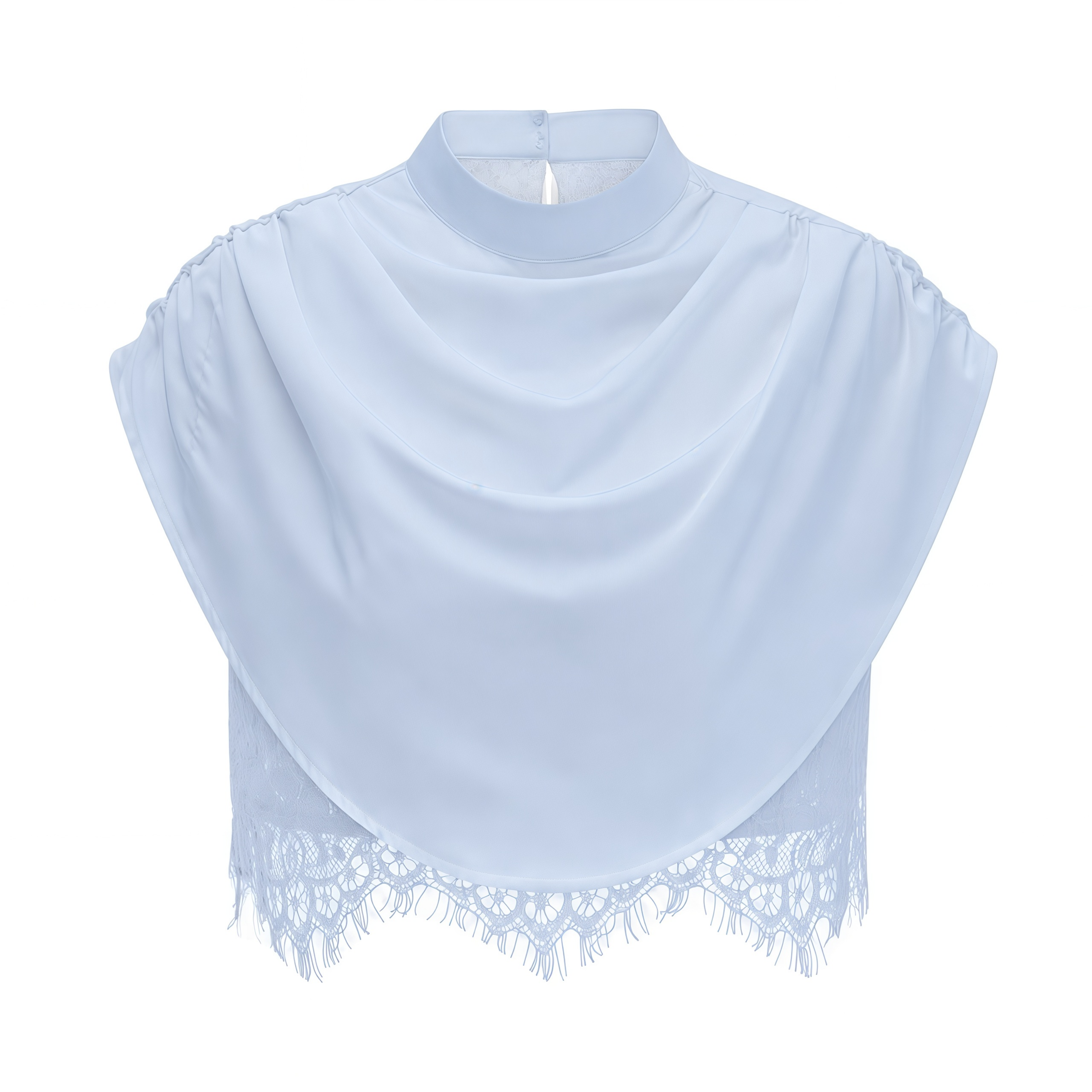 Light blue two-piece set with a cowl crop top and a lace-waist mini skirt