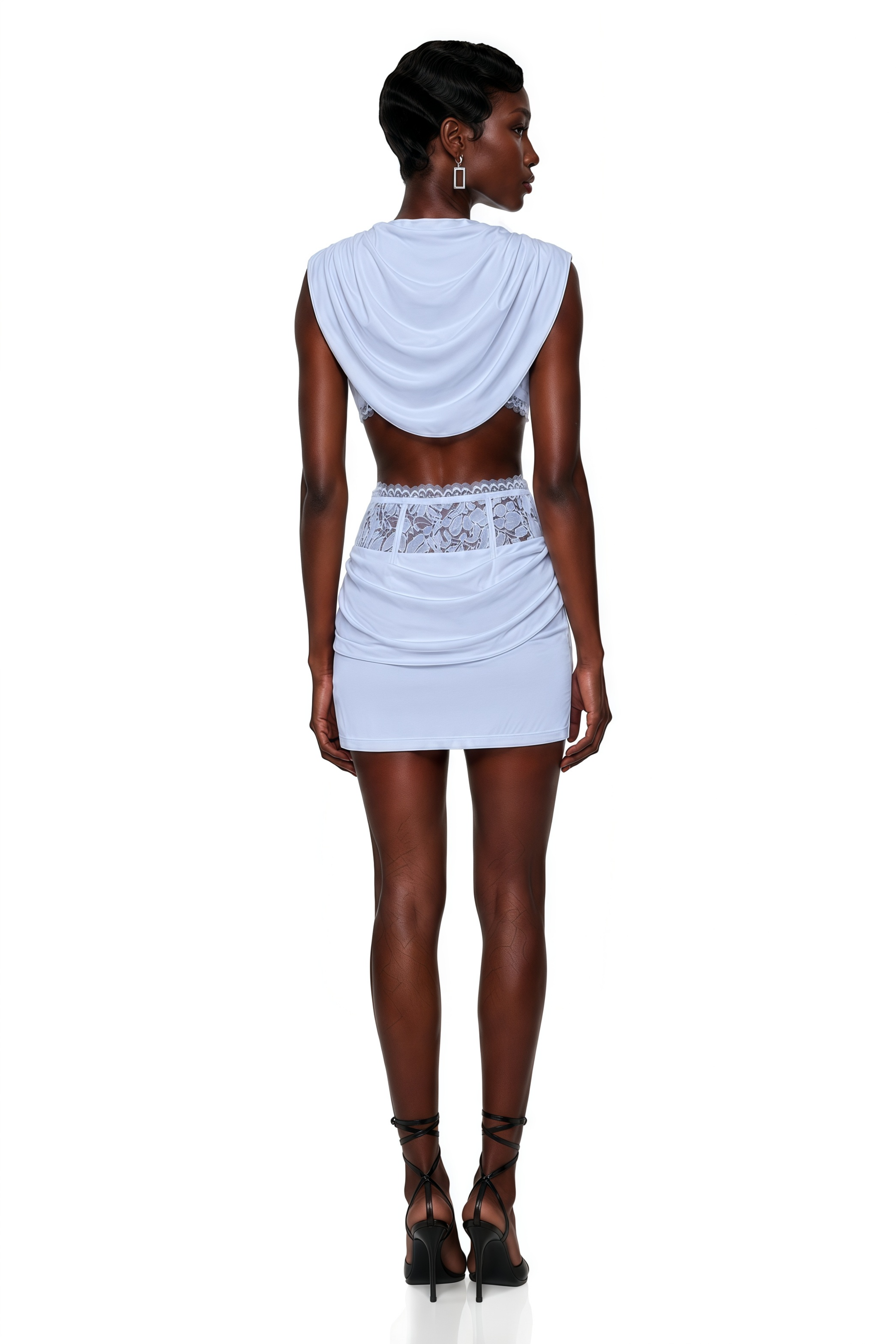 Light blue two-piece set with a cowl crop top and a lace-waist mini skirt
